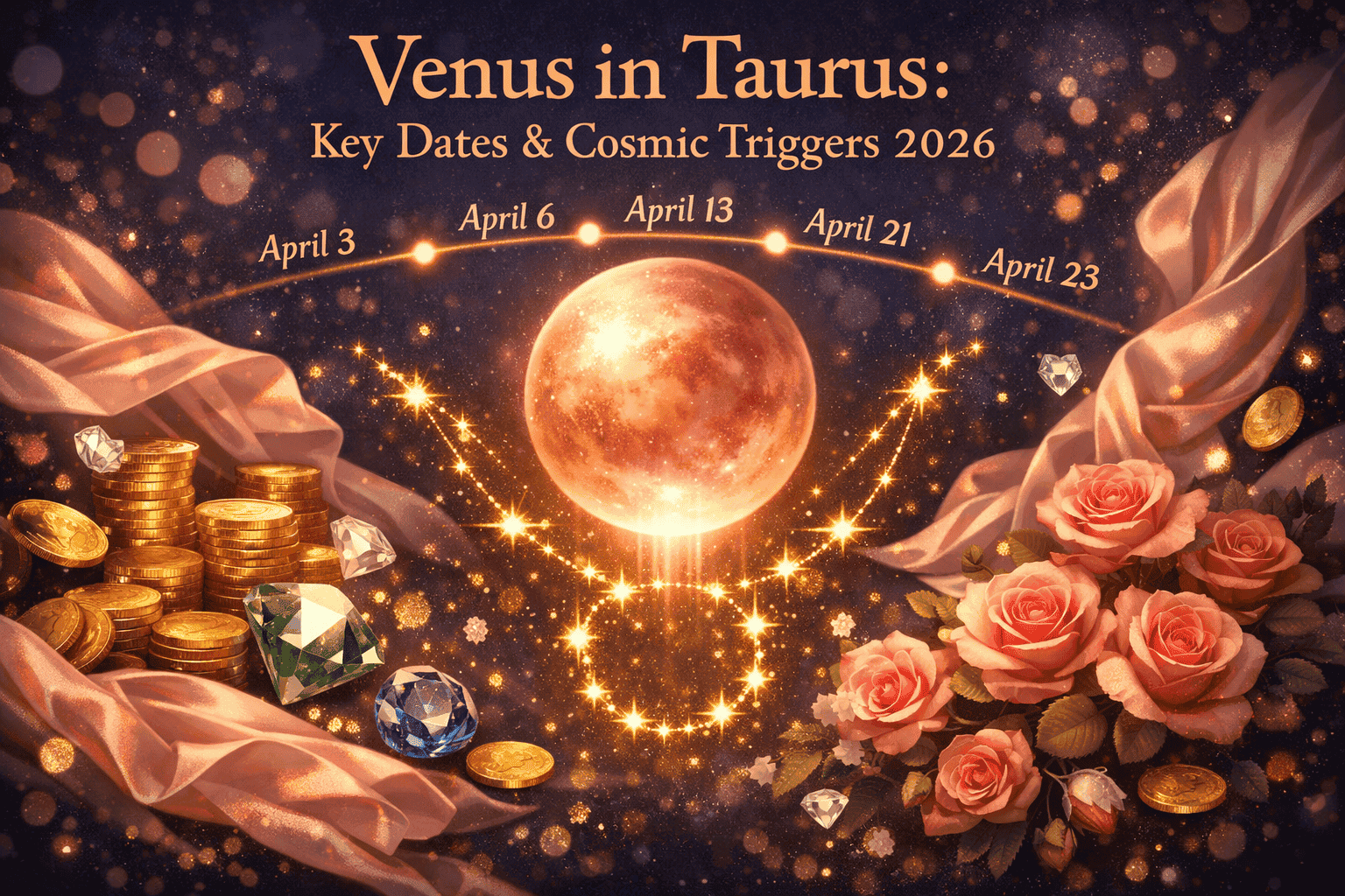 () editorial illustration showing Venus as a luminous rose-gold planet descending into a Taurus constellation formed by