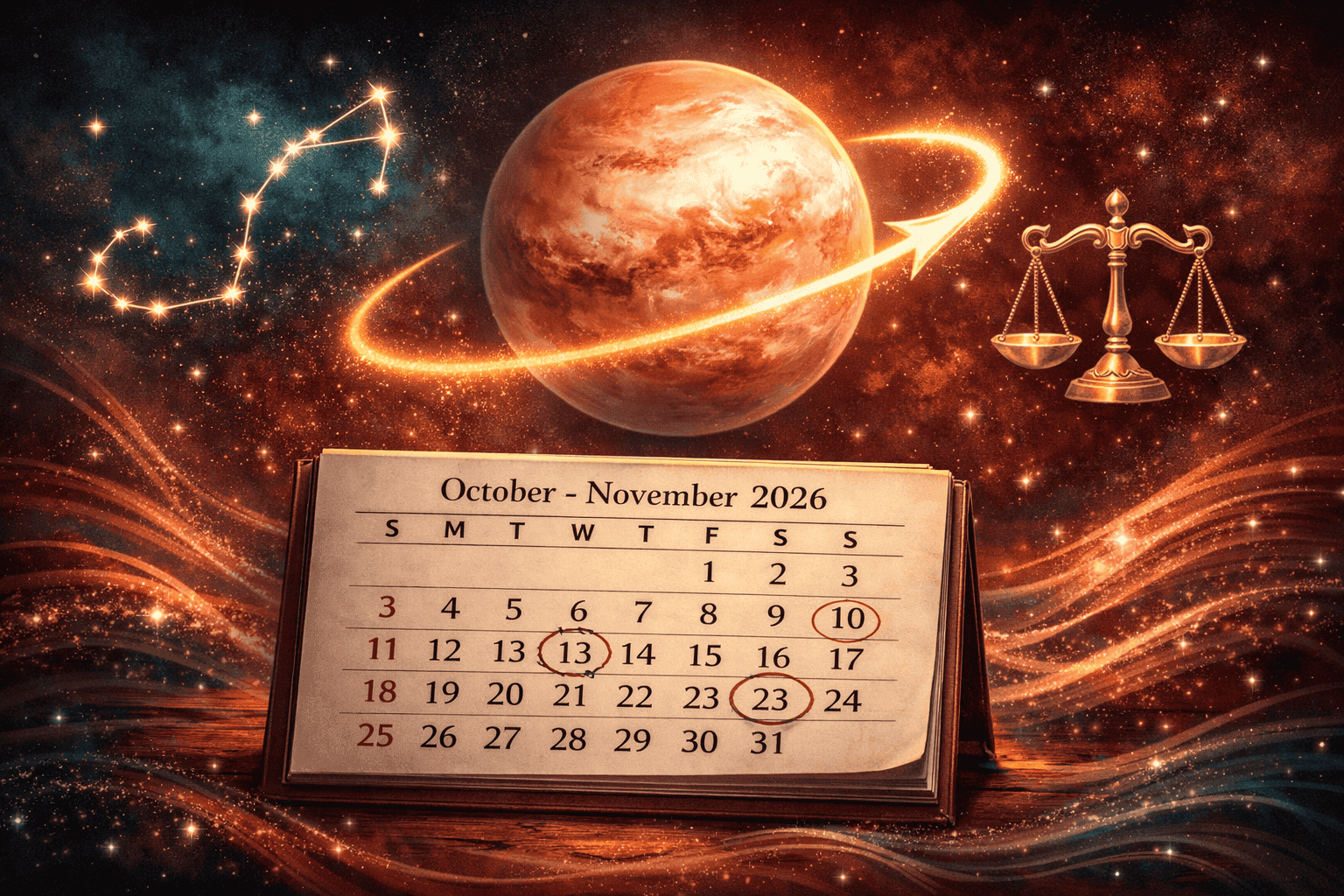 () editorial illustration showing Venus as a luminous rose-gold planet in retrograde motion against a deep Scorpio-themed