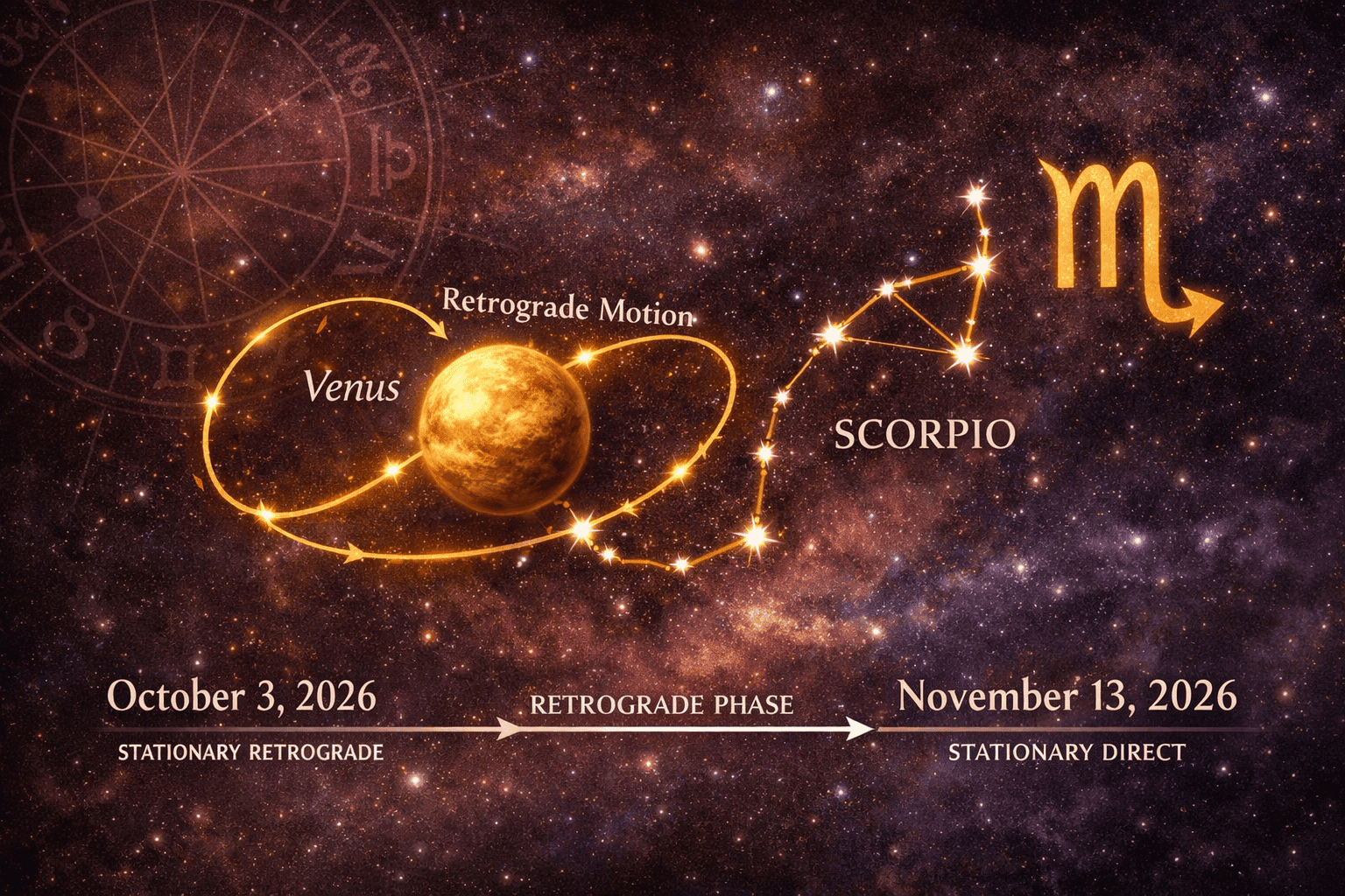 () editorial illustration showing Venus retrograde motion diagram with a glowing golden Venus planet tracing a backward loop