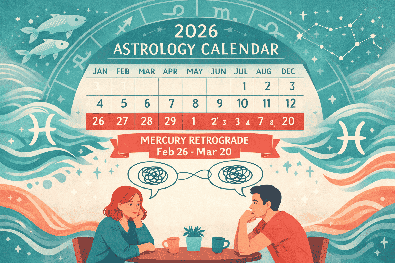 () editorial illustration showing a 2026 astrology calendar with Mercury retrograde dates highlighted in red (February 26 to