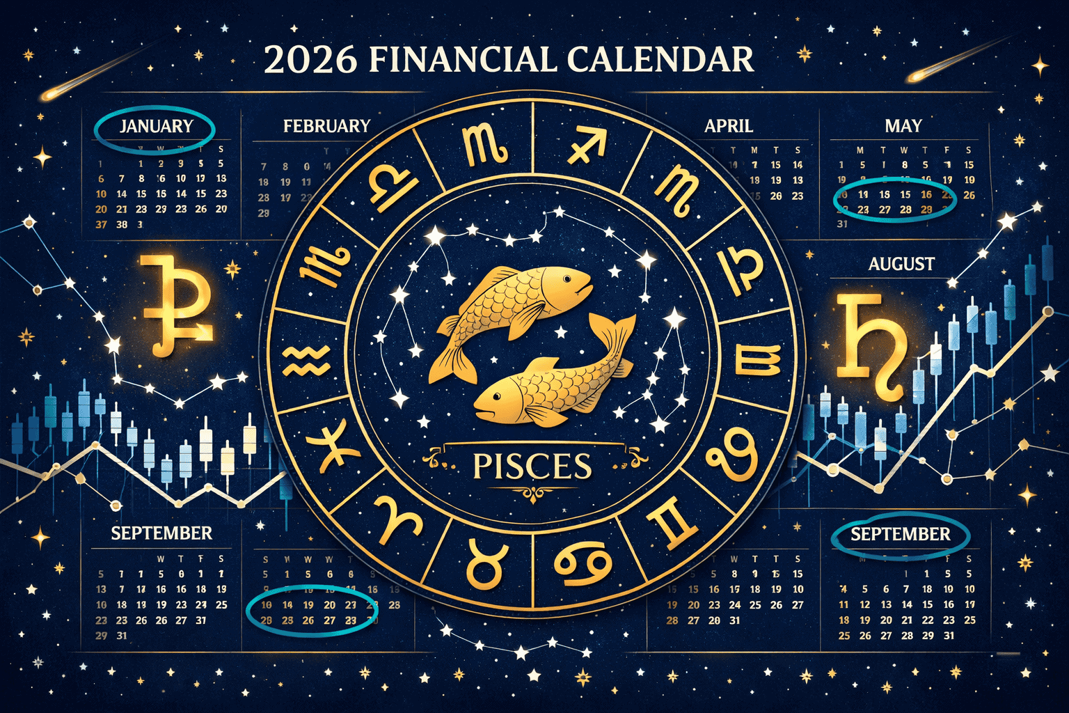 () editorial illustration showing a Pisces zodiac wheel overlaid on a financial calendar for 2026, with Jupiter and Saturn