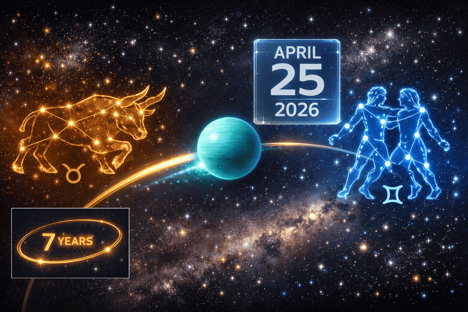 () editorial illustration showing a cosmic timeline arc: Uranus as a glowing teal sphere moving from the Taurus bull