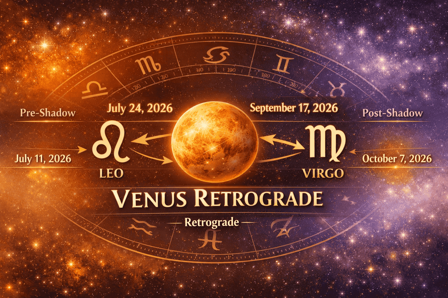 () editorial illustration showing a cosmic timeline banner for Venus Retrograde July 24–September 17 2026, featuring a