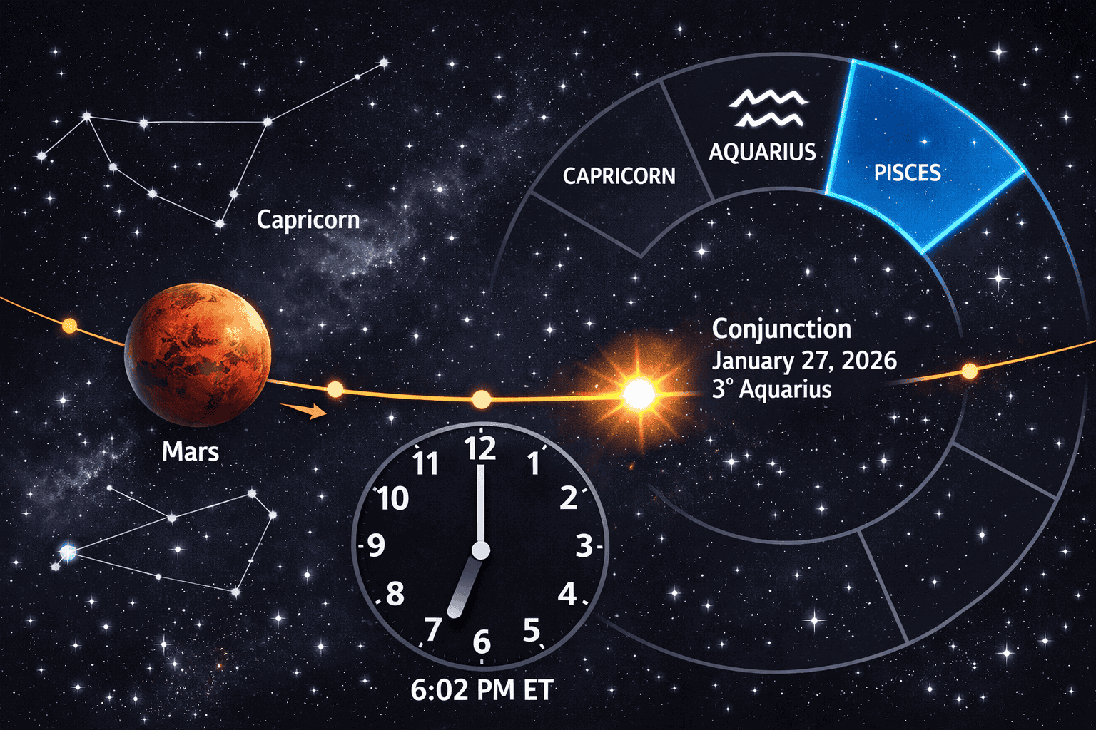 () editorial illustration showing a cosmic timeline diagram: Mars (red planet) moving through Capricorn toward Aquarius with