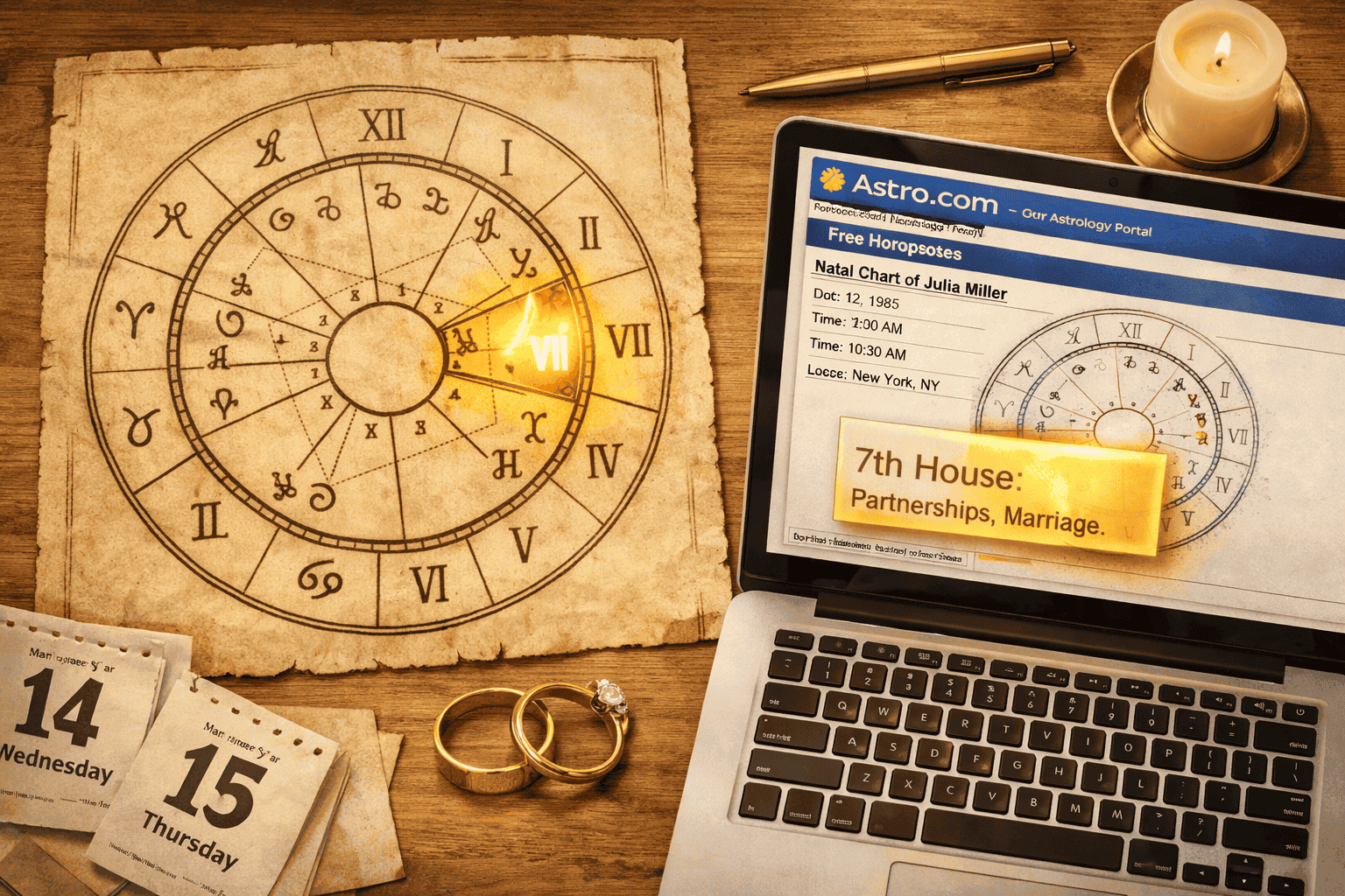 () editorial illustration showing a detailed natal birth chart wheel on aged parchment paper beside a modern laptop screen