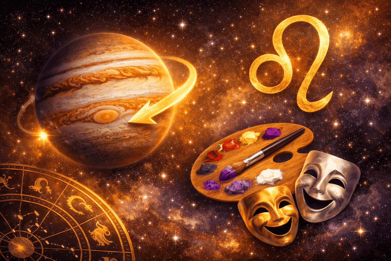 () editorial illustration showing a glowing Jupiter planet in retrograde motion with curved backward arrow in deep space,