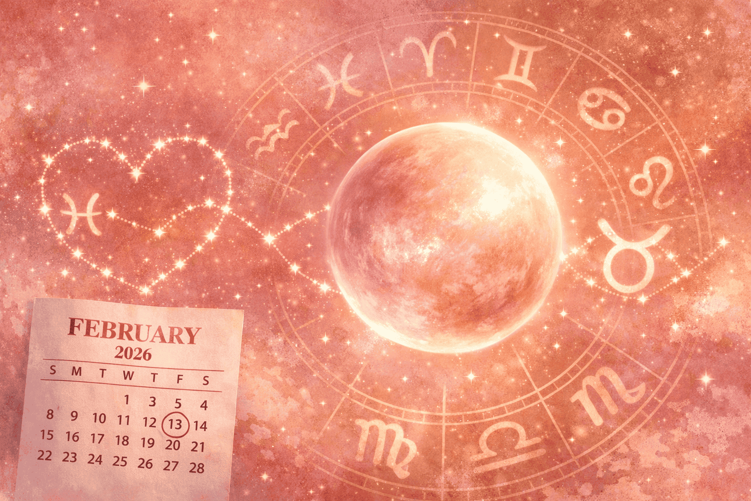 () editorial illustration showing a glowing Venus planet in soft pink light transitioning through zodiac symbols in a starry