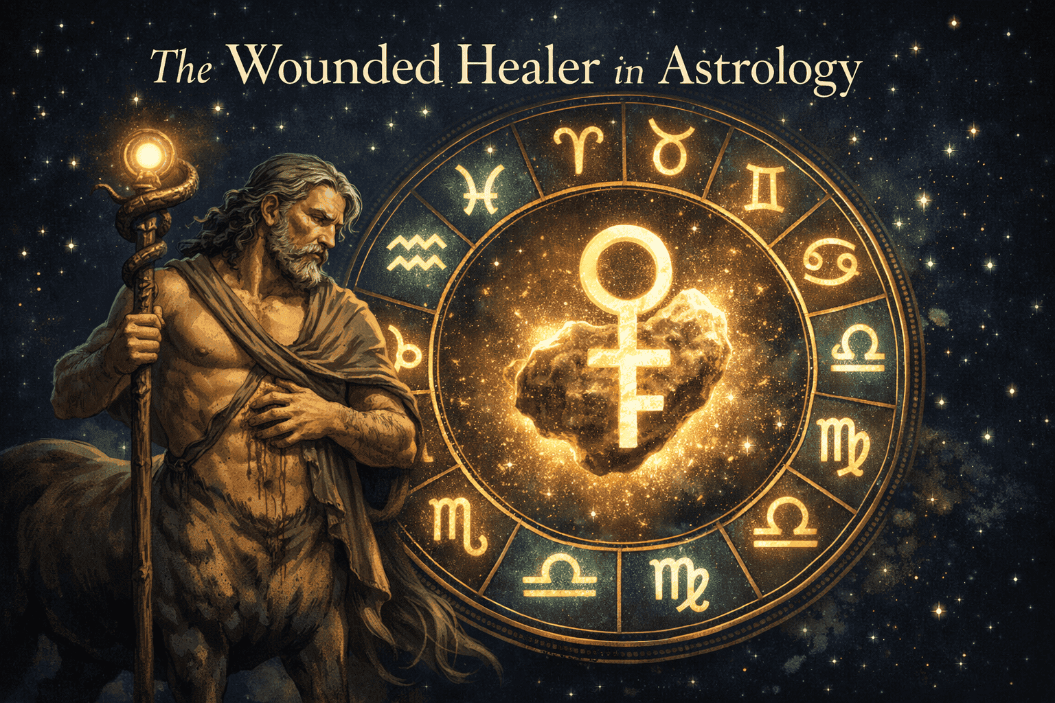 () editorial illustration showing a glowing asteroid symbol for Chiron at center, surrounded by a circular zodiac wheel with