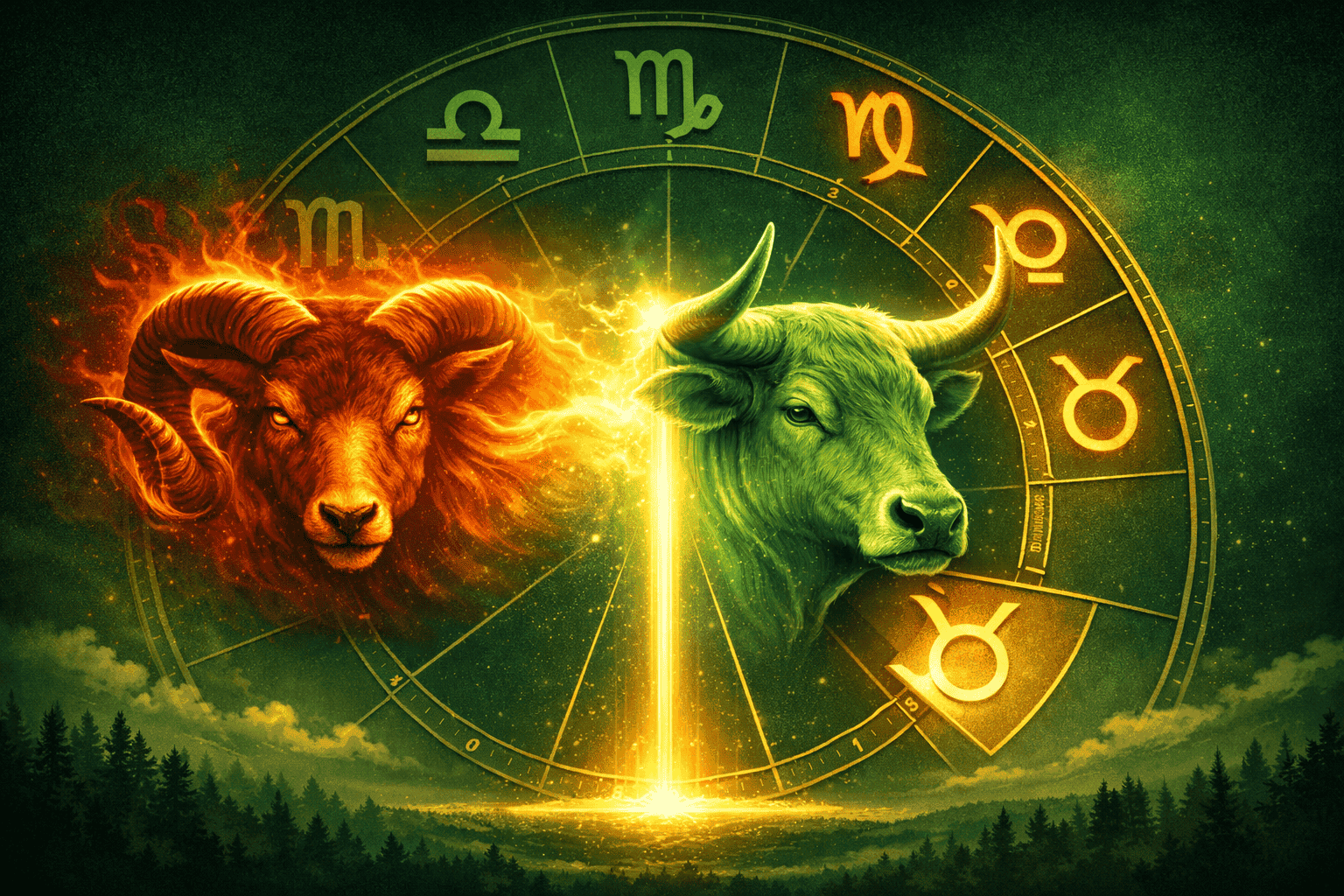 () editorial illustration showing a glowing golden Sun symbol transitioning from a fiery red Aries ram into a serene green