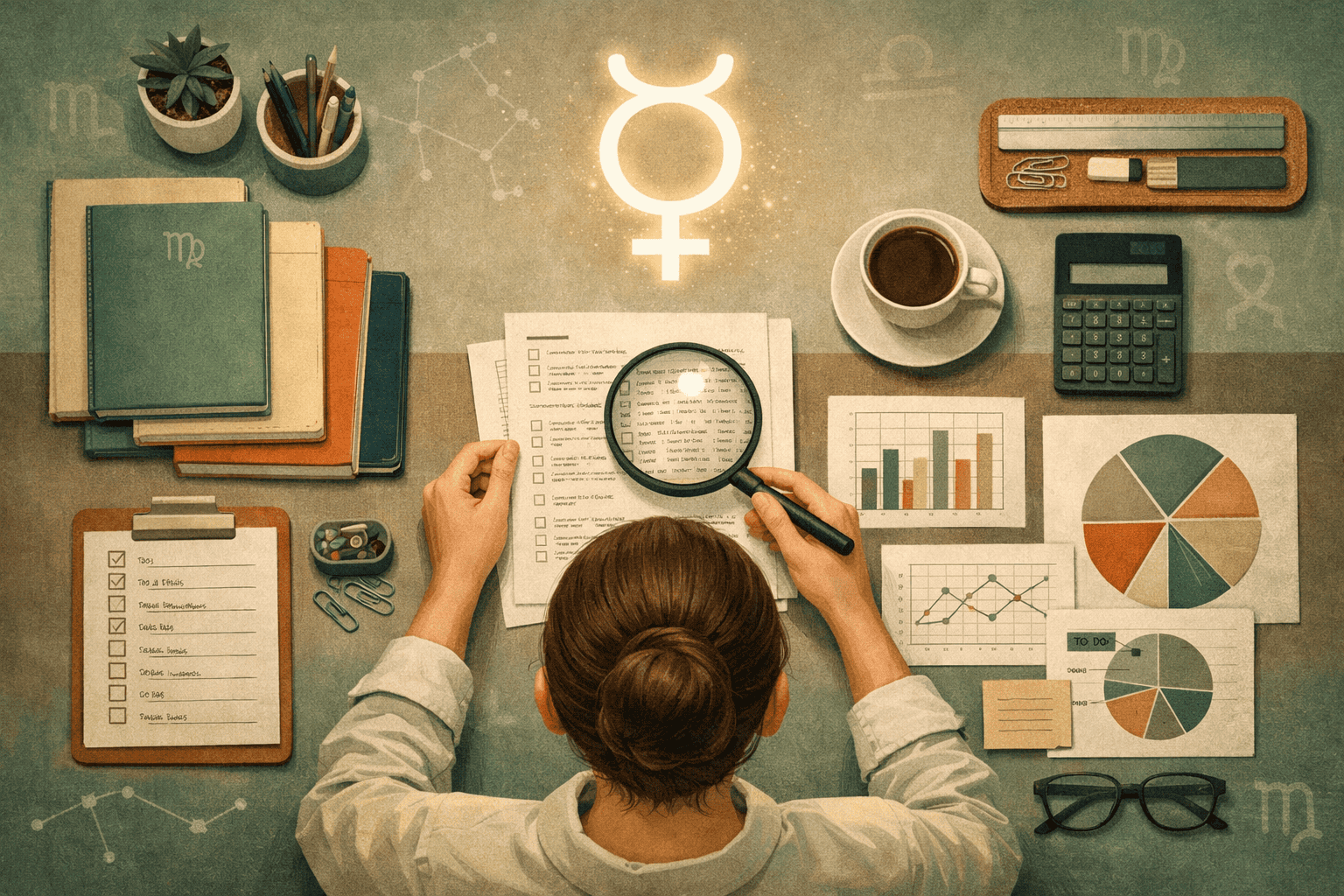 () editorial illustration showing a meticulous Virgo personality at a clean organized desk with color-coded notebooks,