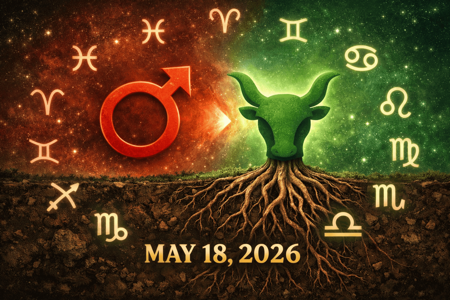 () editorial illustration showing a powerful red Mars symbol transitioning into a green Taurus bull icon, set against a