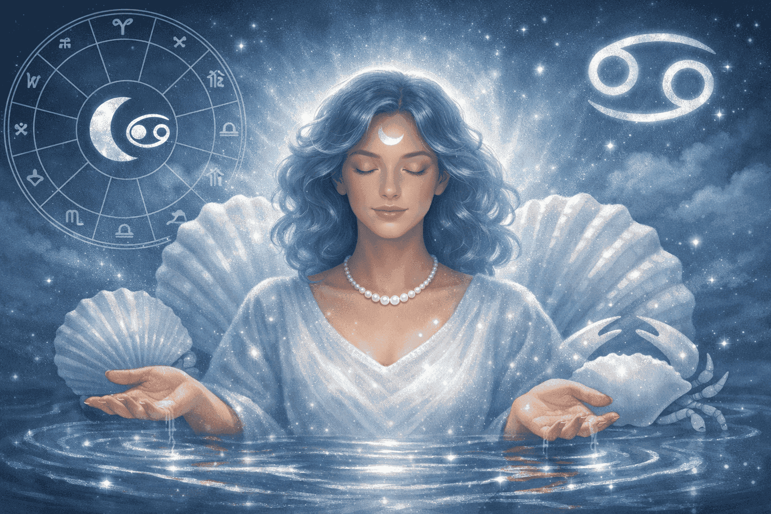 () editorial illustration showing a serene Cancer Moon sign personality portrait: a nurturing figure with arms gently