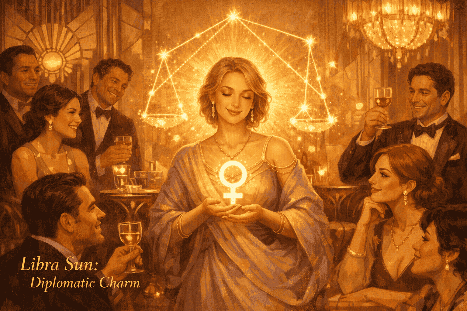 () editorial illustration showing a serene Libra Sun personality at the center of a social gathering, radiating warm golden