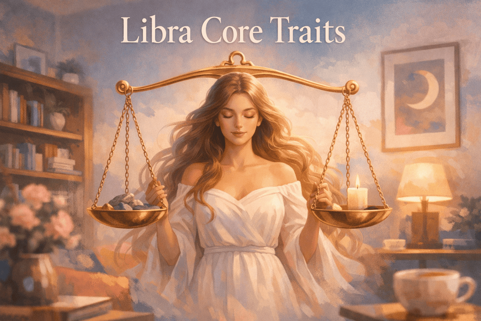 () editorial illustration showing a serene Libra woman with flowing hair standing at the center of two balanced golden