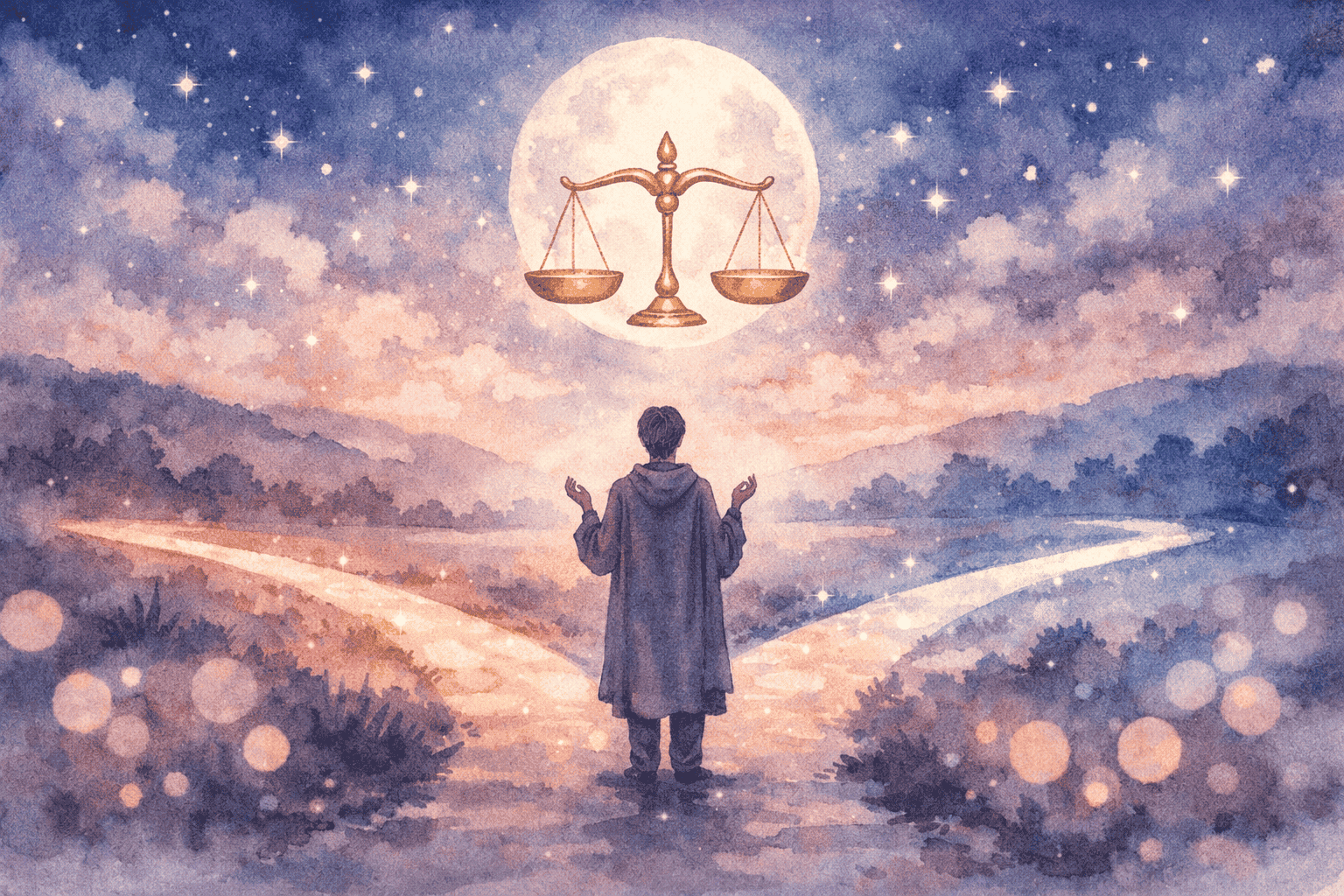 () editorial illustration showing a serene figure standing at a crossroads under a full Libra moon, surrounded by two