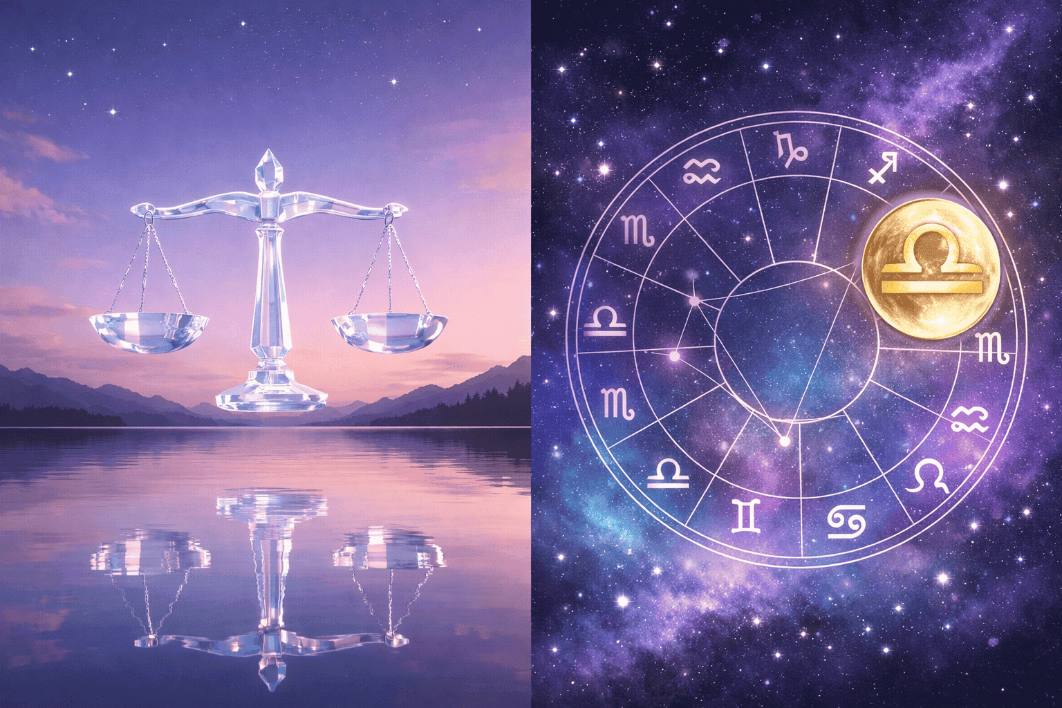 () editorial illustration showing a split composition: left side depicts a calm, balanced scale made of translucent crystal