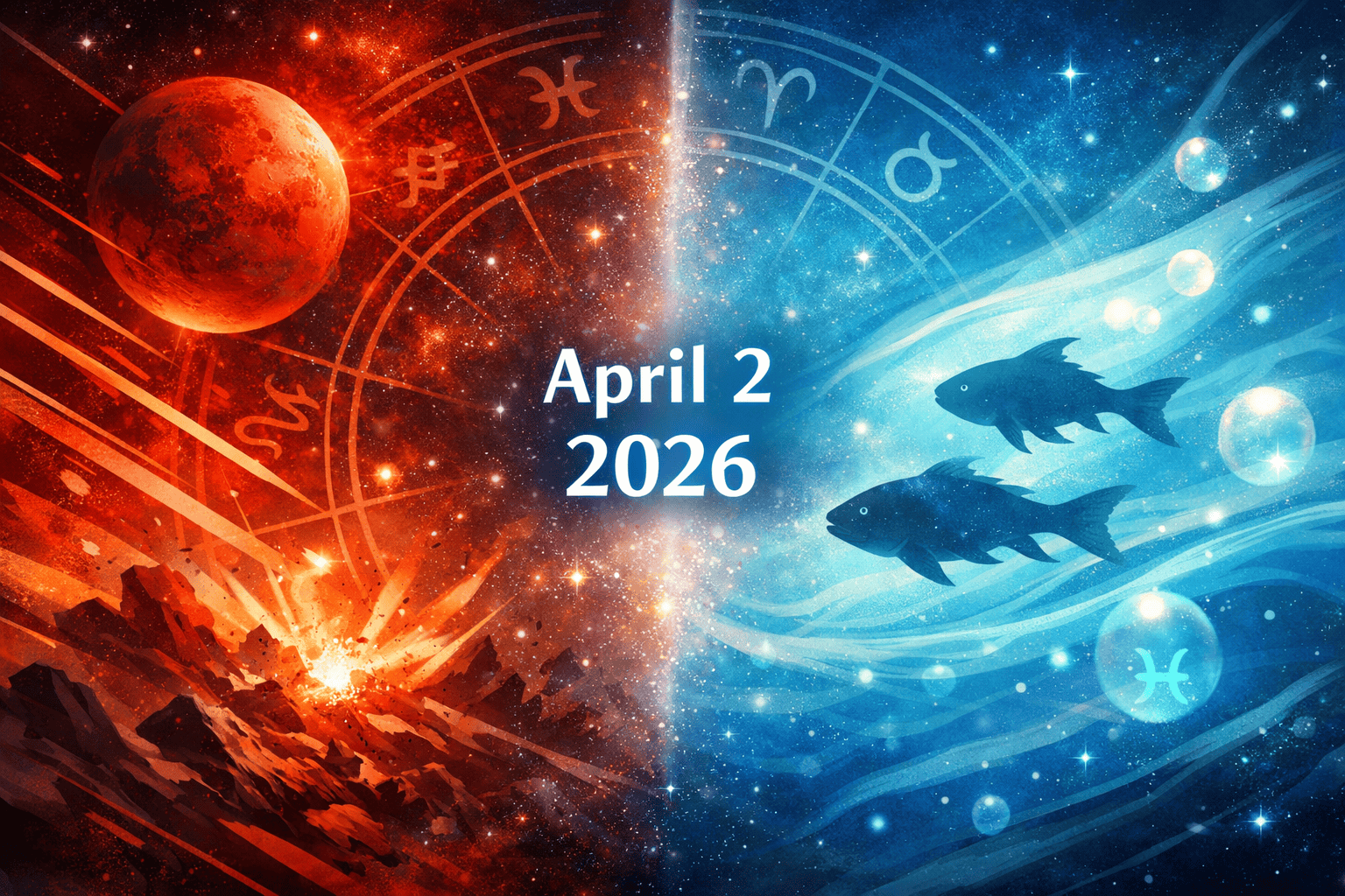 () editorial illustration showing a split-scene composition: left half depicts fiery red Mars energy with geometric shapes