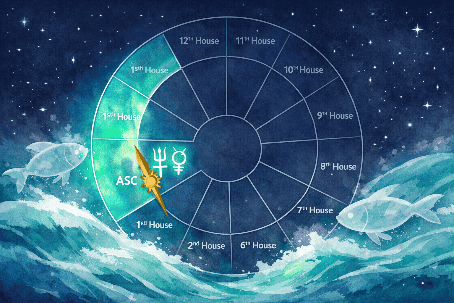 () editorial illustration showing a stylized natal birth chart wheel with Pisces rising highlighted in iridescent