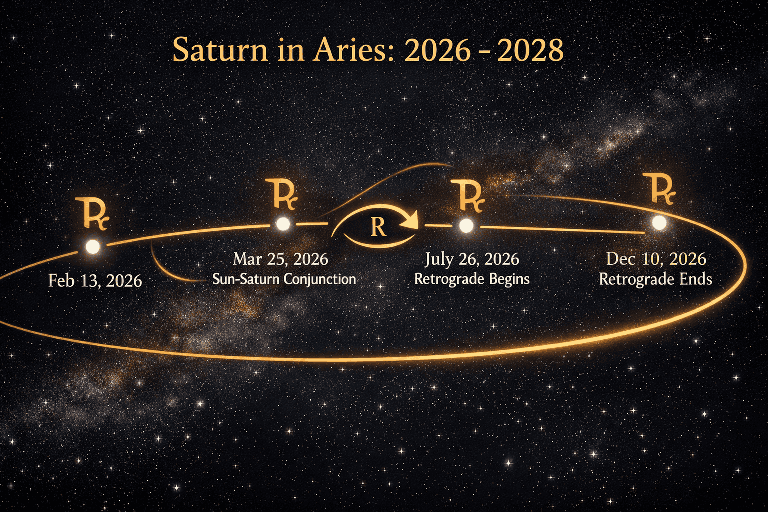 () editorial illustration showing a timeline infographic of Saturn's journey through Aries from 2026 to 2028, with key dates