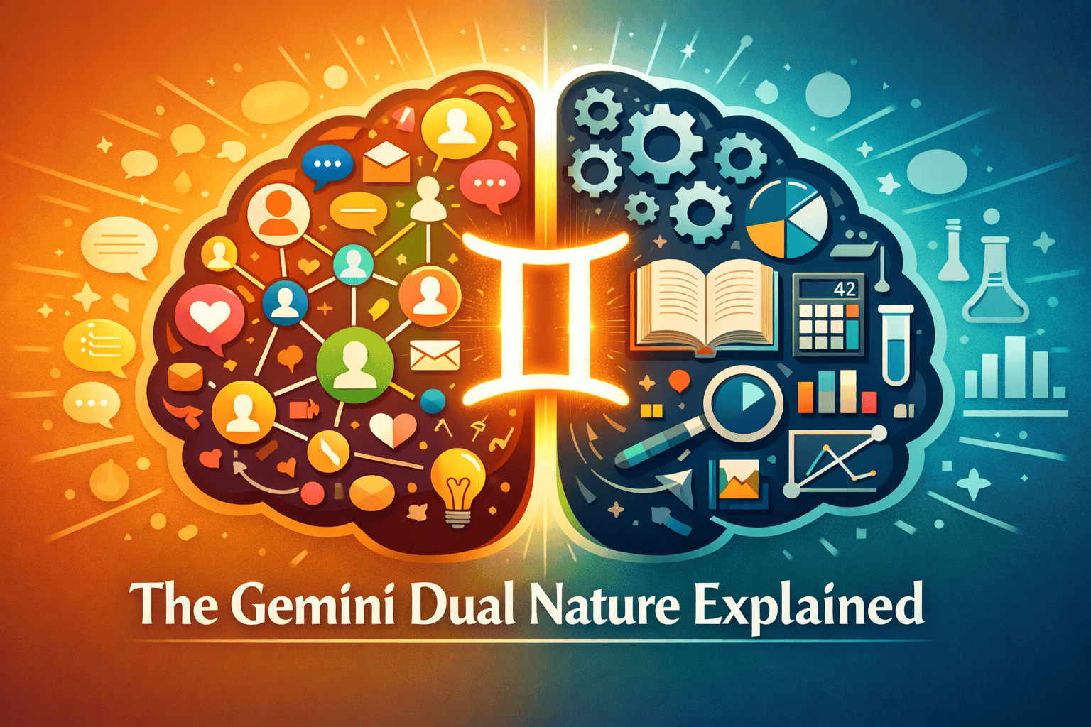 () editorial illustration showing a vibrant split-brain concept: left hemisphere filled with colorful social connections,