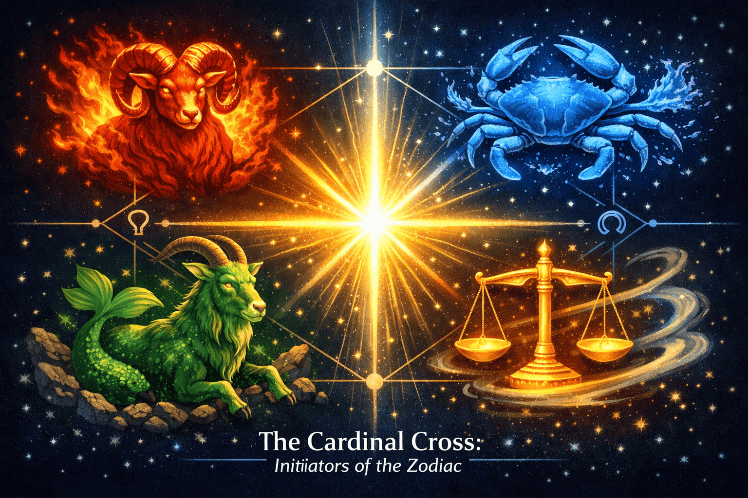 () editorial illustration showing four cardinal zodiac symbols—Aries ram, Cancer crab, Libra scales, Capricorn