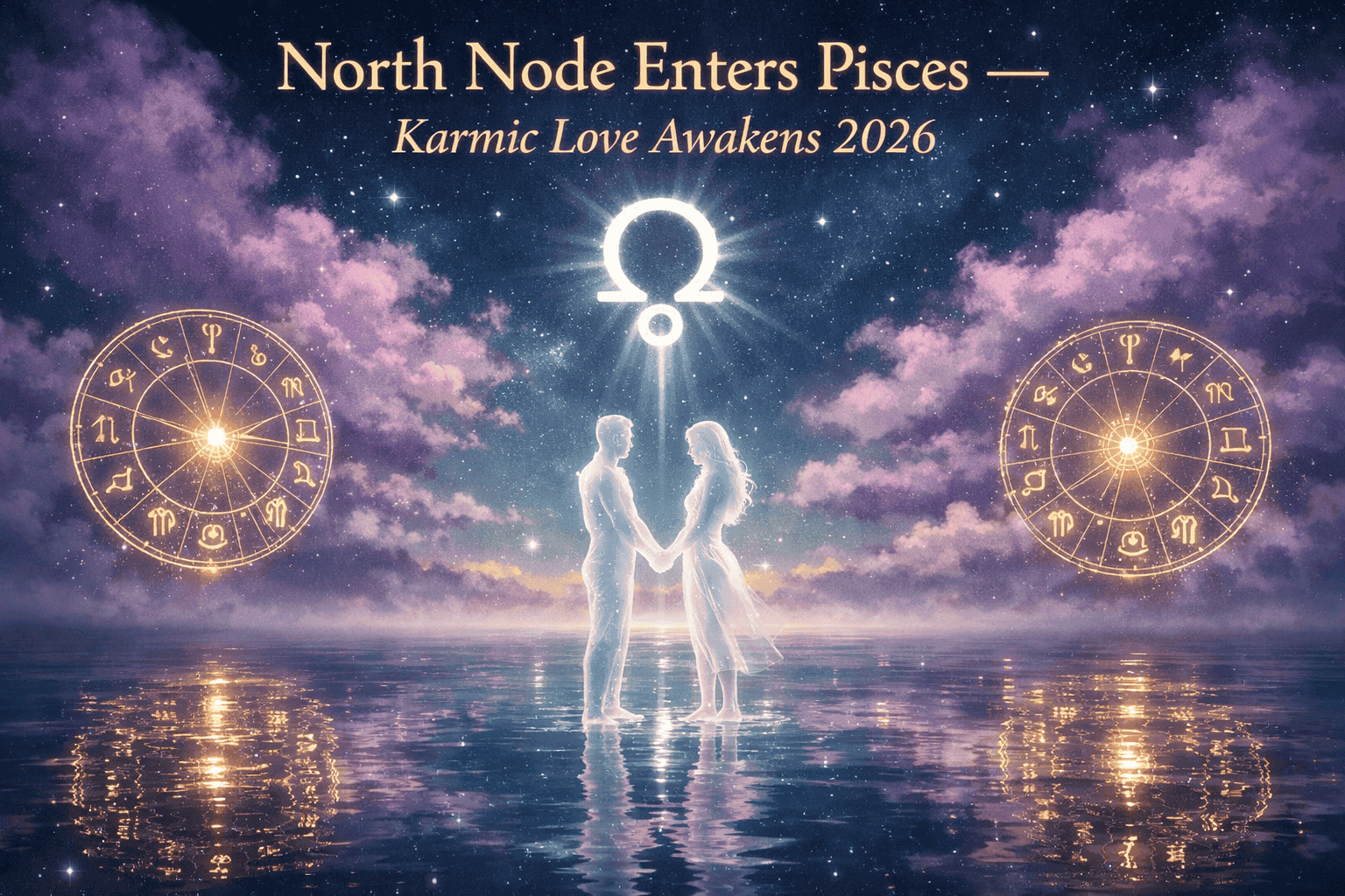 () editorial illustration showing the North Node symbol (☊) glowing in silver-white light above a misty Pisces ocean at