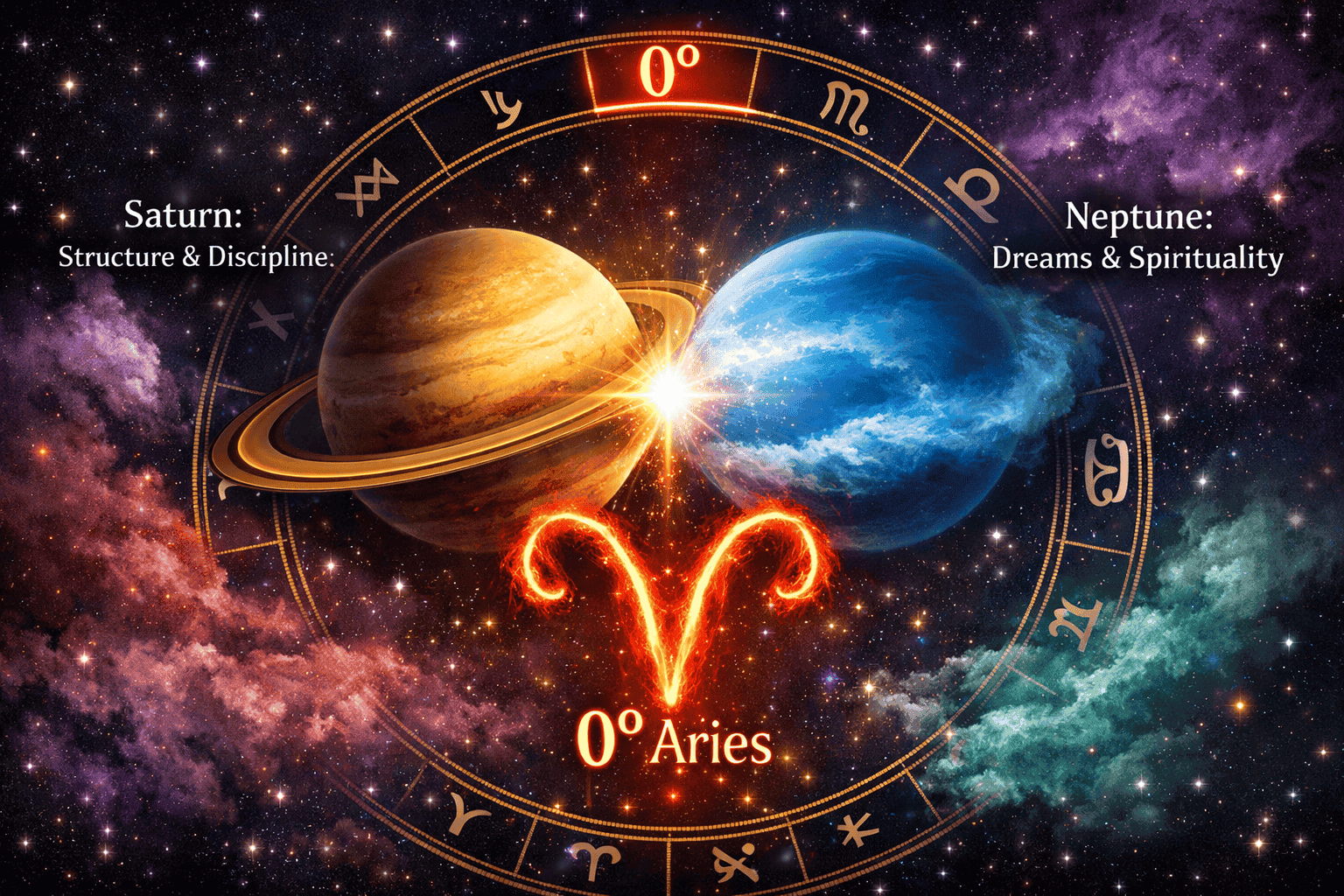 () editorial illustration showing the Saturn-Neptune conjunction at 0 degrees Aries: two large planets merging in a