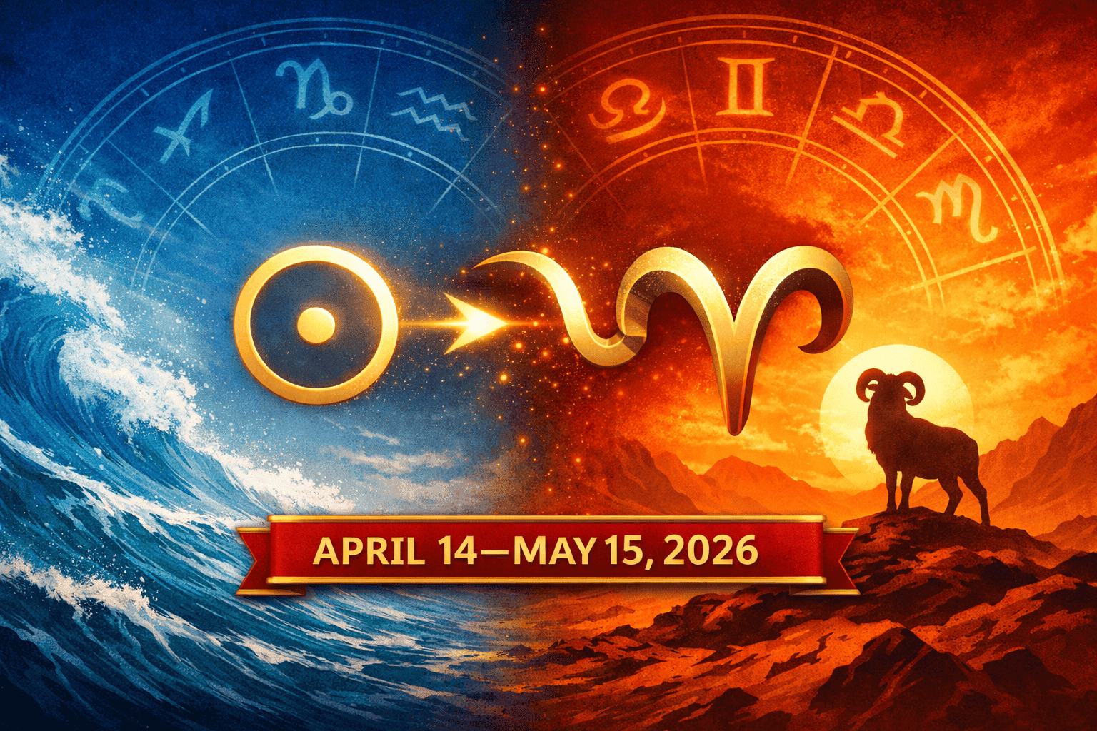 () editorial illustration showing the Sun symbol (circle with dot) transitioning into the Aries glyph (ram horns) against a