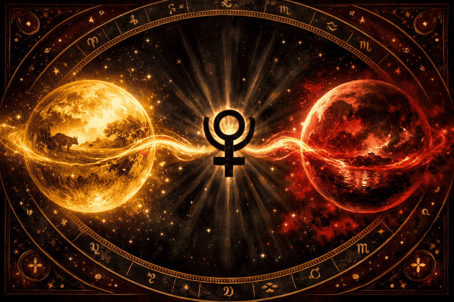 () editorial illustration showing the Taurus-Scorpio astrological axis as two opposing celestial spheres—one golden and