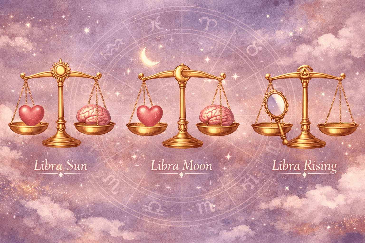() editorial illustration showing the three Libra placements—Sun, Moon, and Rising—as three glowing golden scales suspended
