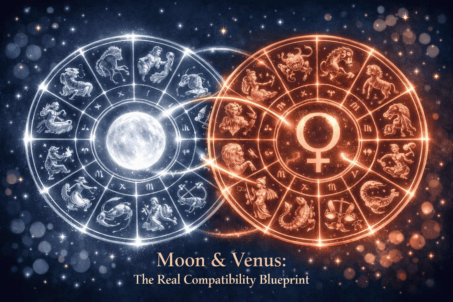 () editorial illustration showing two overlapping birth chart wheels — one glowing silver-white for the Moon and one