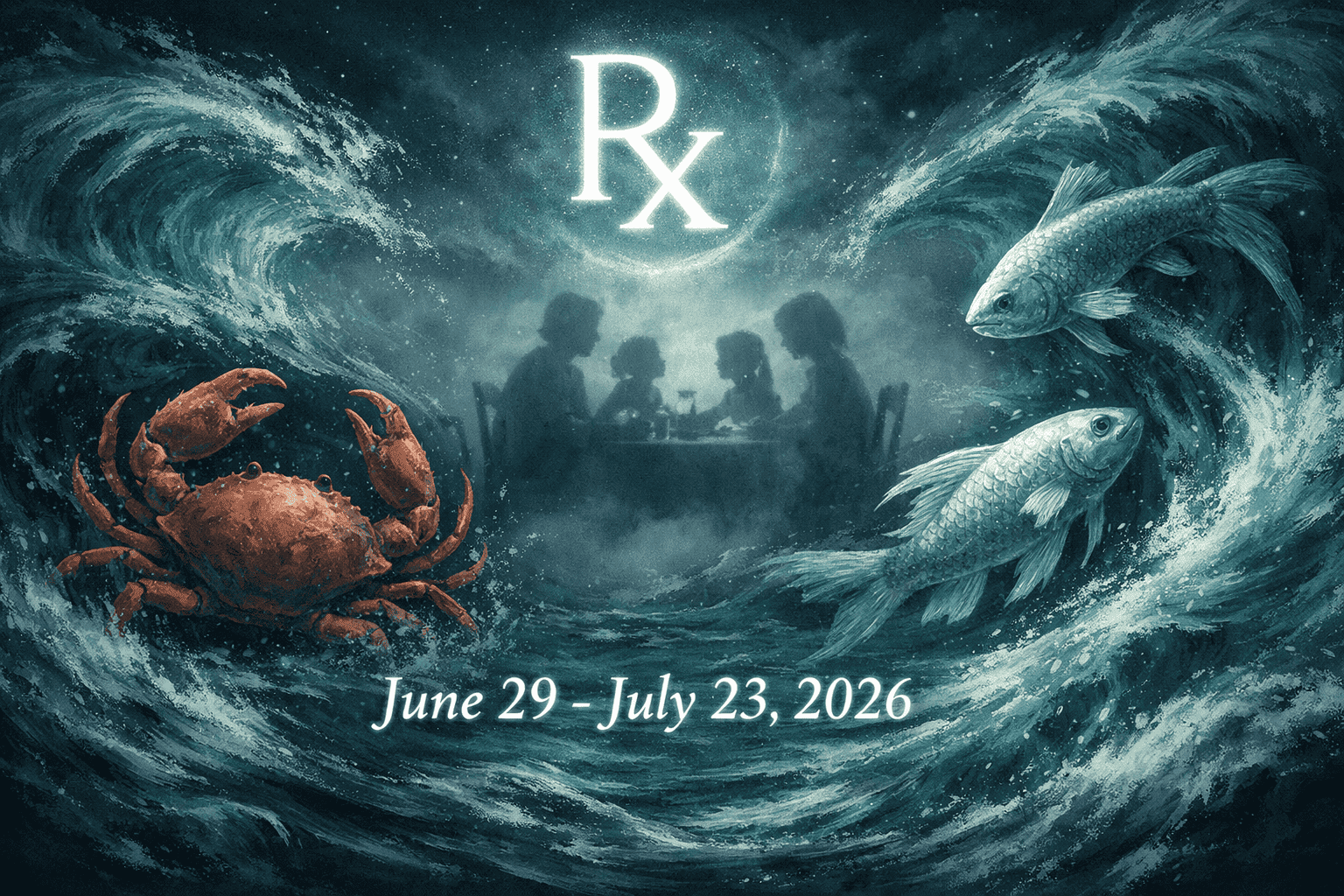 () editorial illustration showing two water signs — a Cancer crab and Pisces fish — submerged in emotional water currents