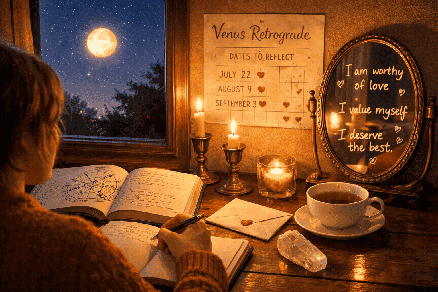 () editorial lifestyle scene showing a person sitting at a candlelit desk journaling with an open astrology chart, a cup of