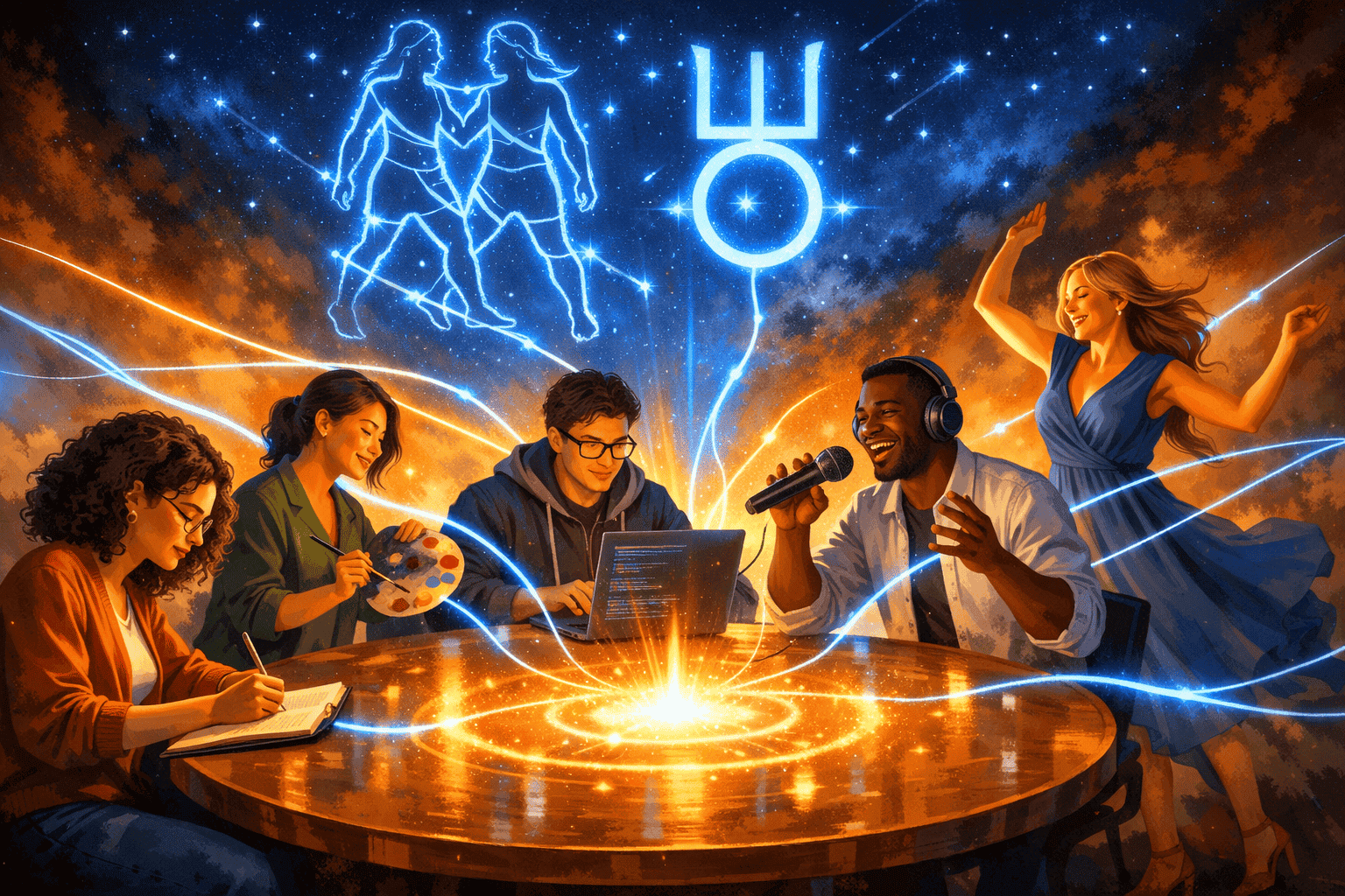 () editorial scene showing a diverse group of people representing different zodiac archetypes gathered around a glowing