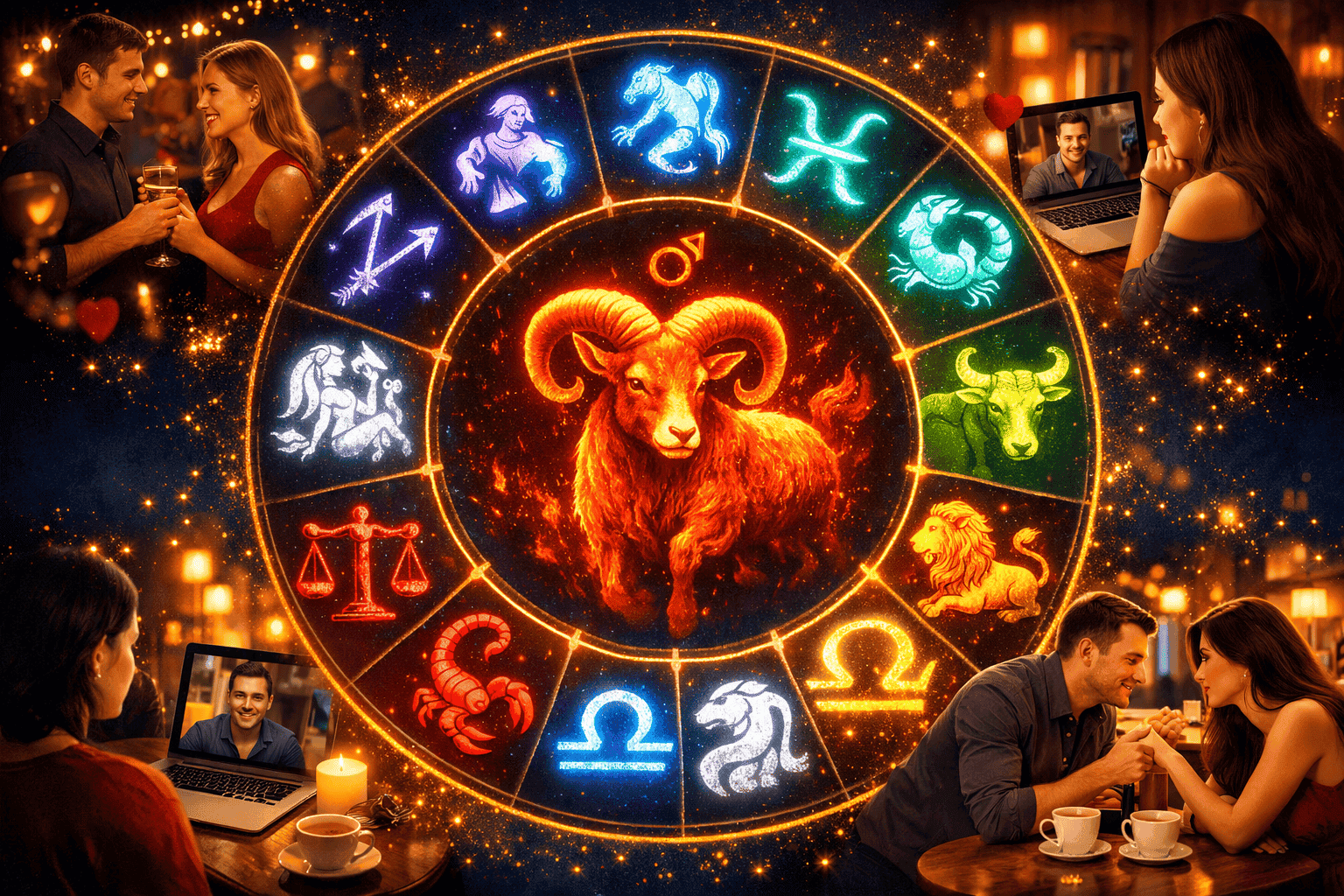 () editorial scene showing twelve zodiac sign symbols arranged in a glowing circular wheel against a midnight blue