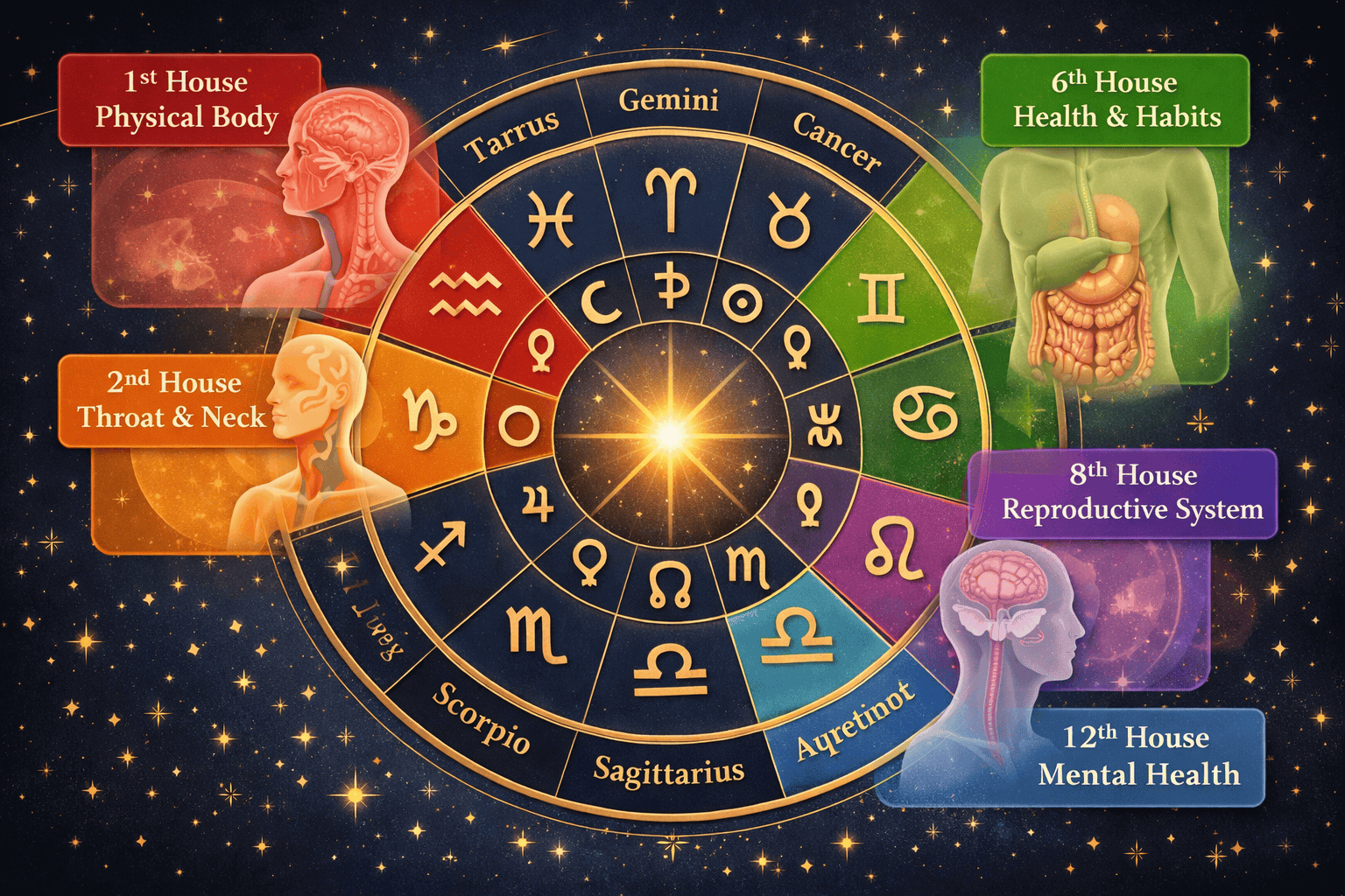 () educational illustration showing a detailed astrological birth chart wheel with zodiac signs labeled around the outer
