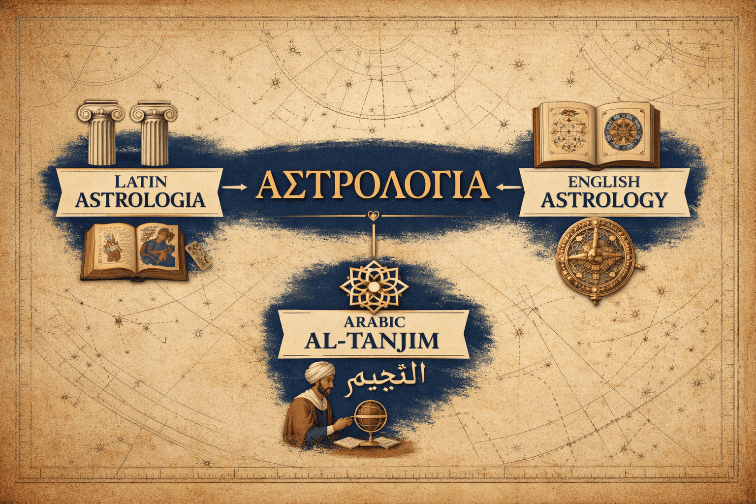 () etymological word map visualization showing the Greek word ASTROLOGIA at center in gold , branching into Latin