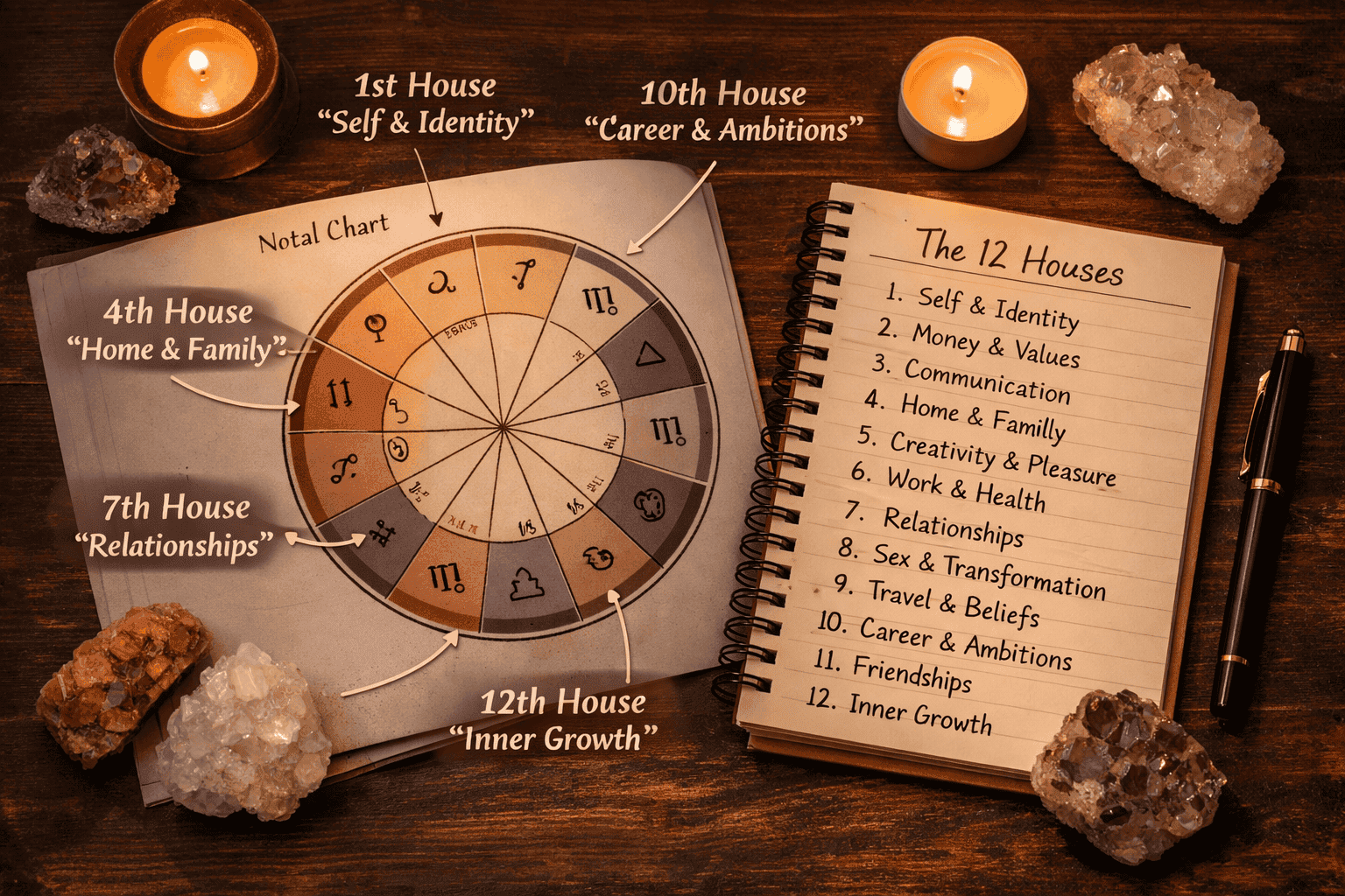 () featuring a flat-lay styled beginner's astrology workspace: an open natal chart printout with 12 houses visible, a