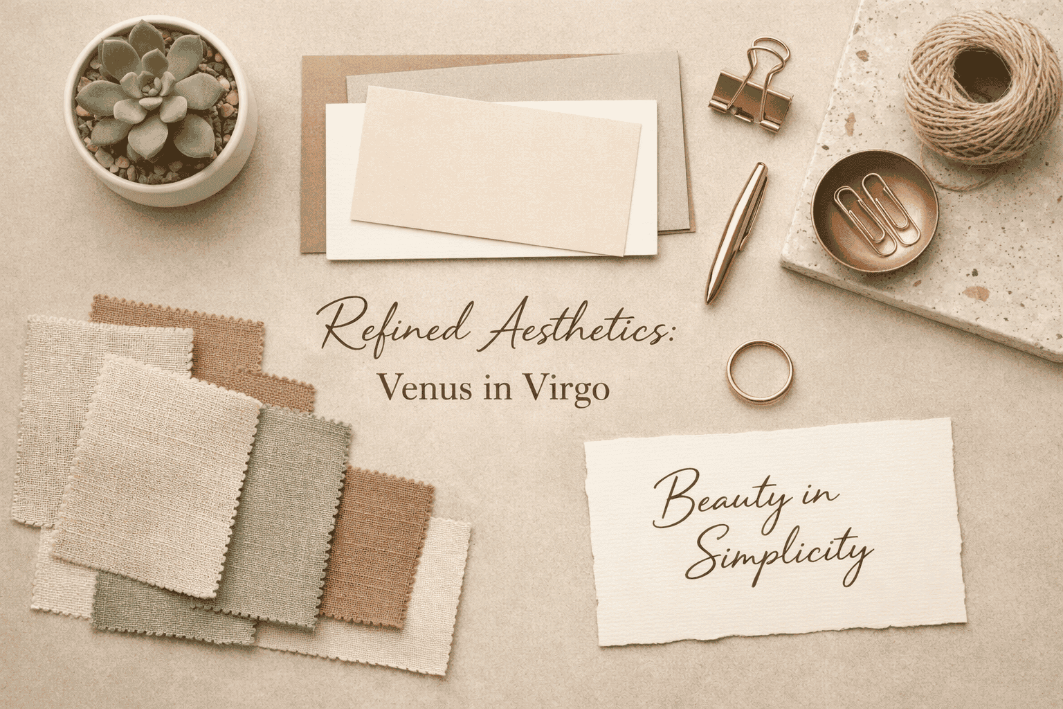 () flat-lay editorial photograph of a refined aesthetic mood board: clean-lined stationery, a small potted succulent, muted