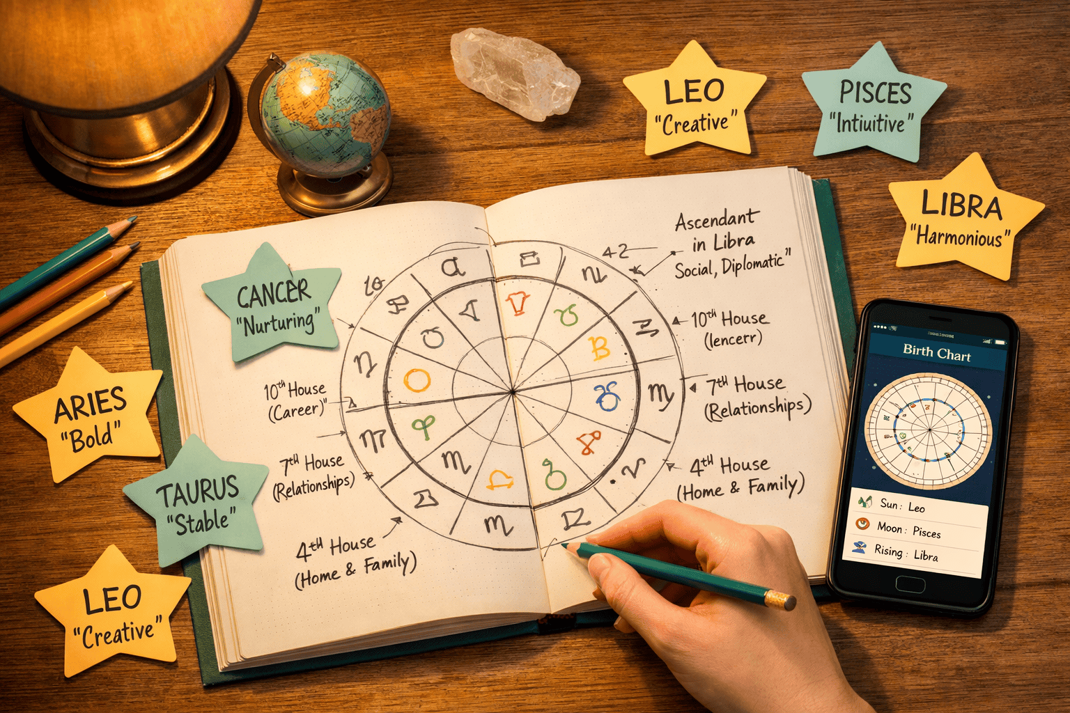 () flat-lay scene of an open astrology workbook on a wooden desk showing a hand-drawn birth chart wheel with pencil