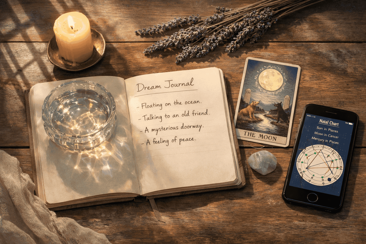 () flat-lay style scene showing a journal open to handwritten dream notes, a small crystal bowl with water reflection, dried