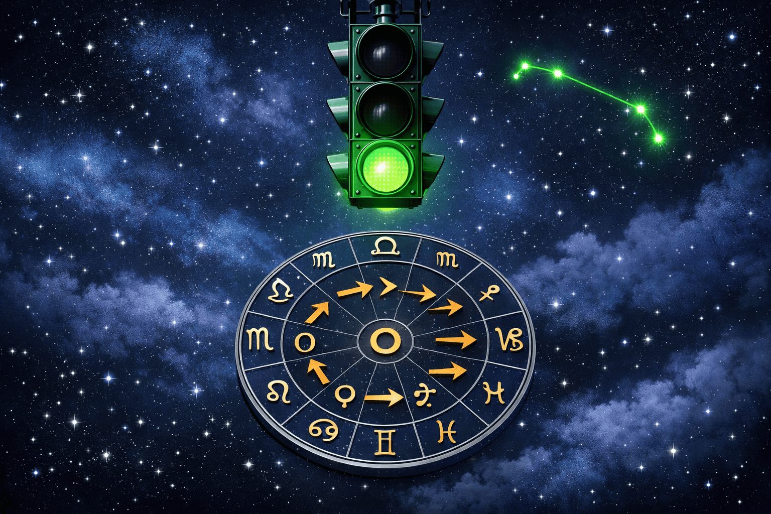 () illustration of a glowing green traffic light suspended in a starry night sky, with a circular natal chart wheel floating