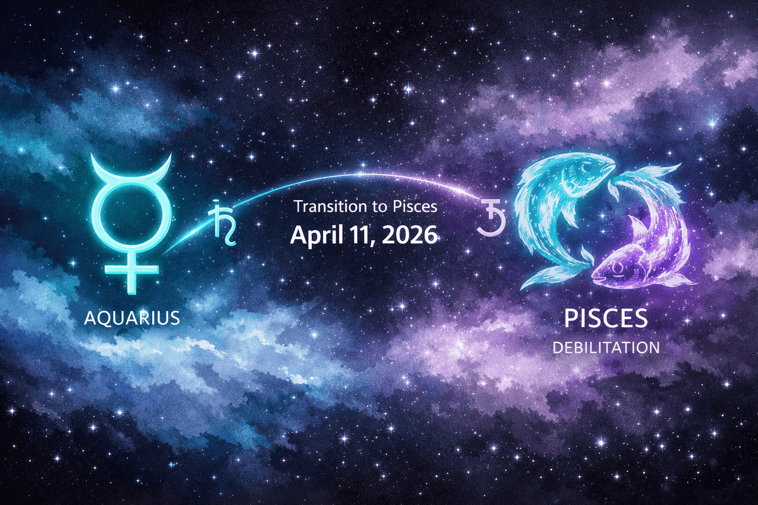 () illustration showing Mercury planet symbol transitioning into the Pisces twin-fish glyph, rendered in glowing aquamarine