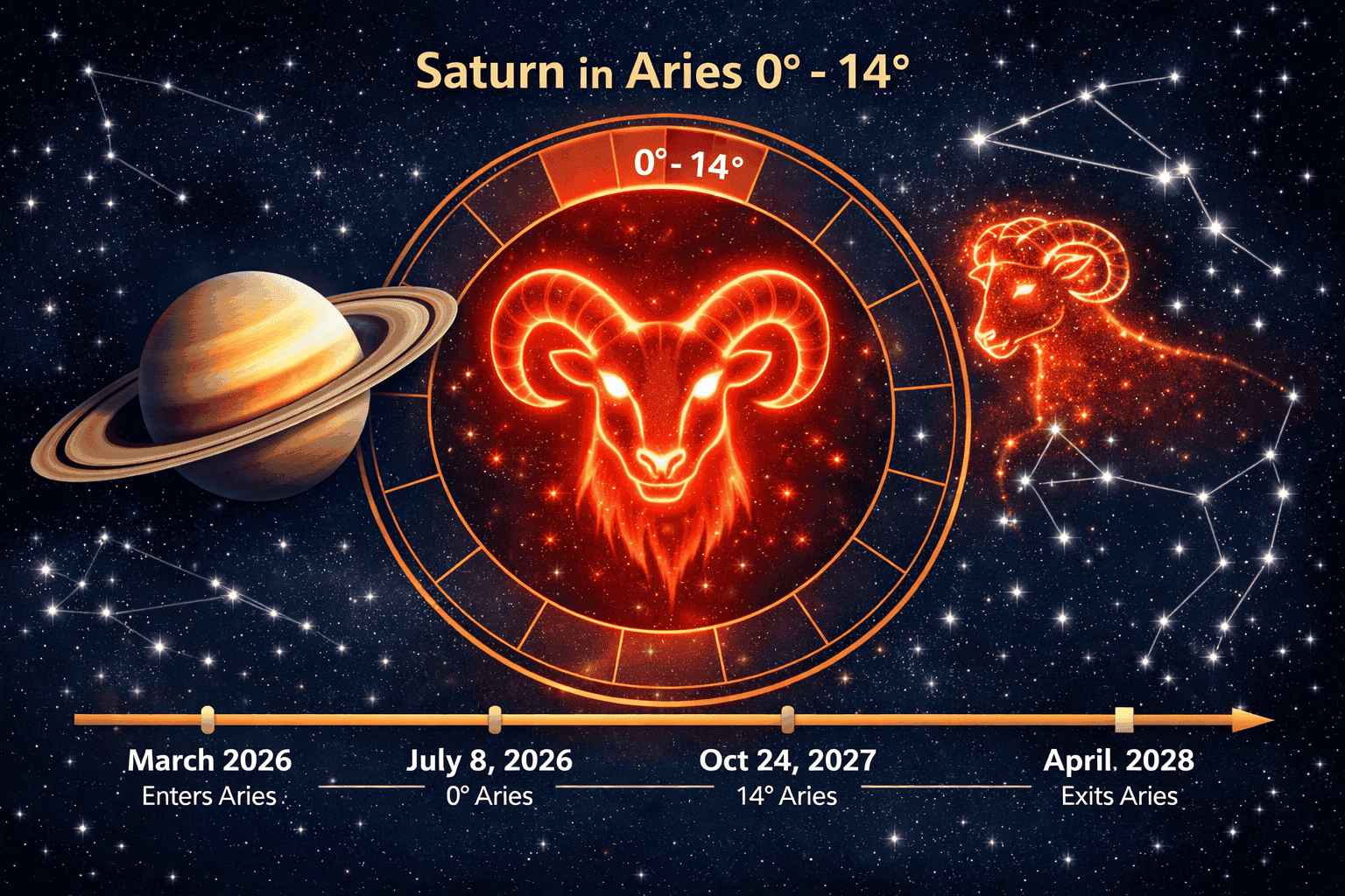 () illustration showing Saturn's ringed planet positioned at 0-14 degrees of the Aries zodiac wheel, with a glowing red