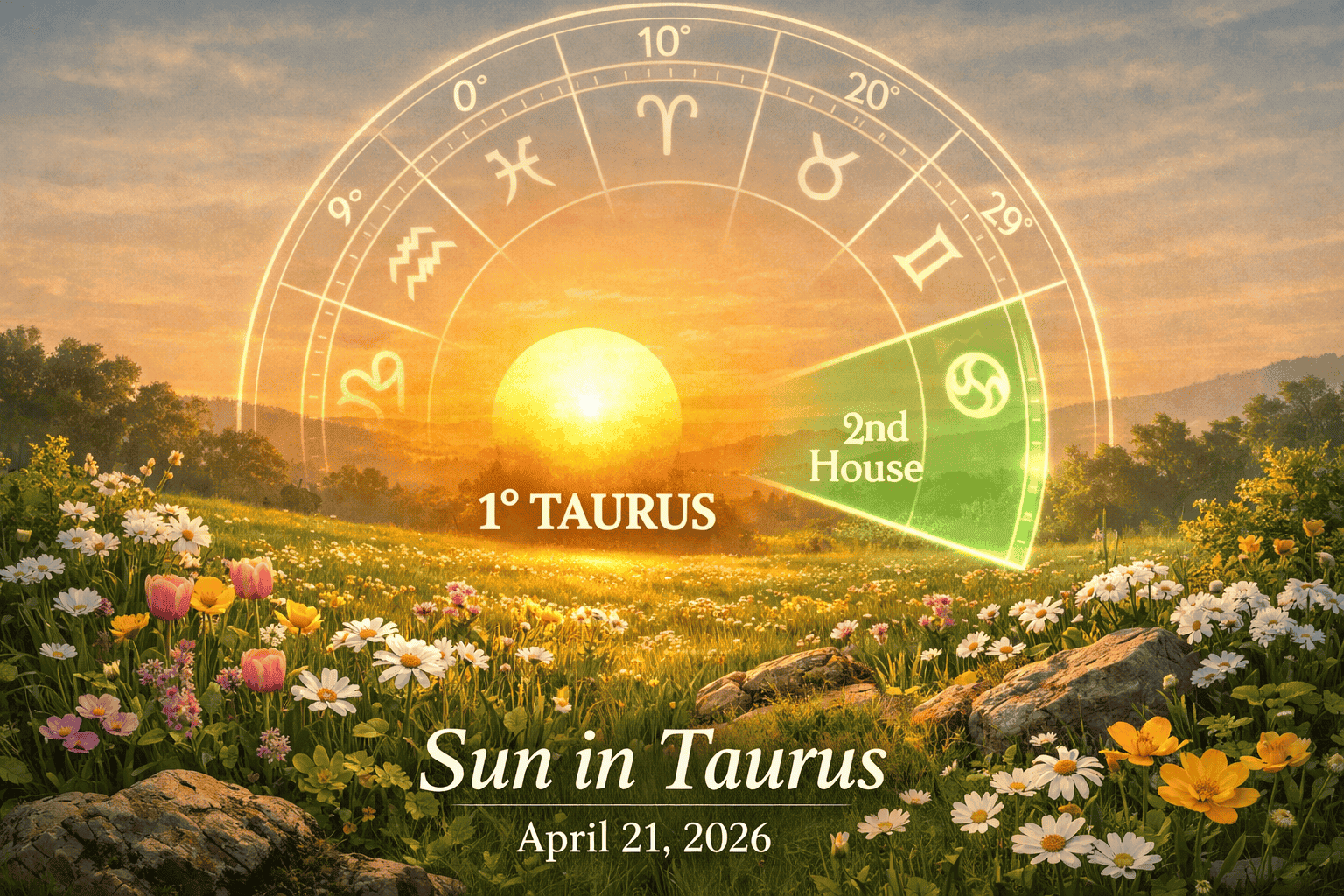 () illustration showing Sun as a warm golden orb positioned at 1 degree Taurus, surrounded by lush green meadow and blooming
