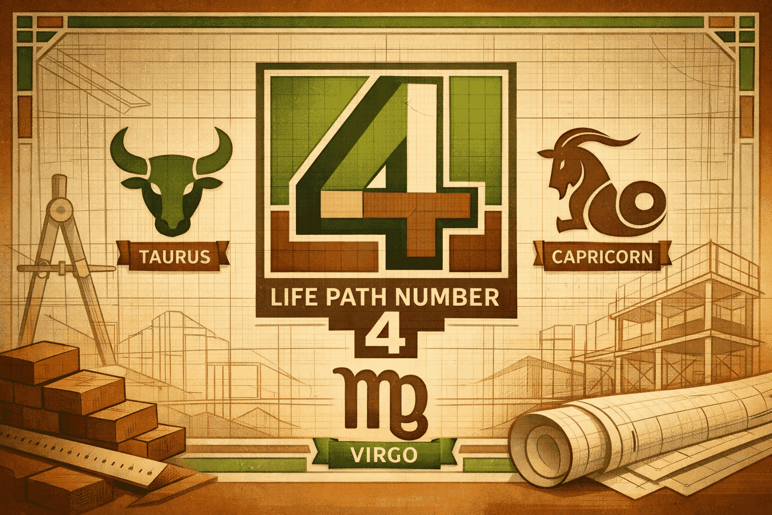 () illustration showing a Life Path Number 4 numerology chart with the number 4 in geometric square design, surrounded by