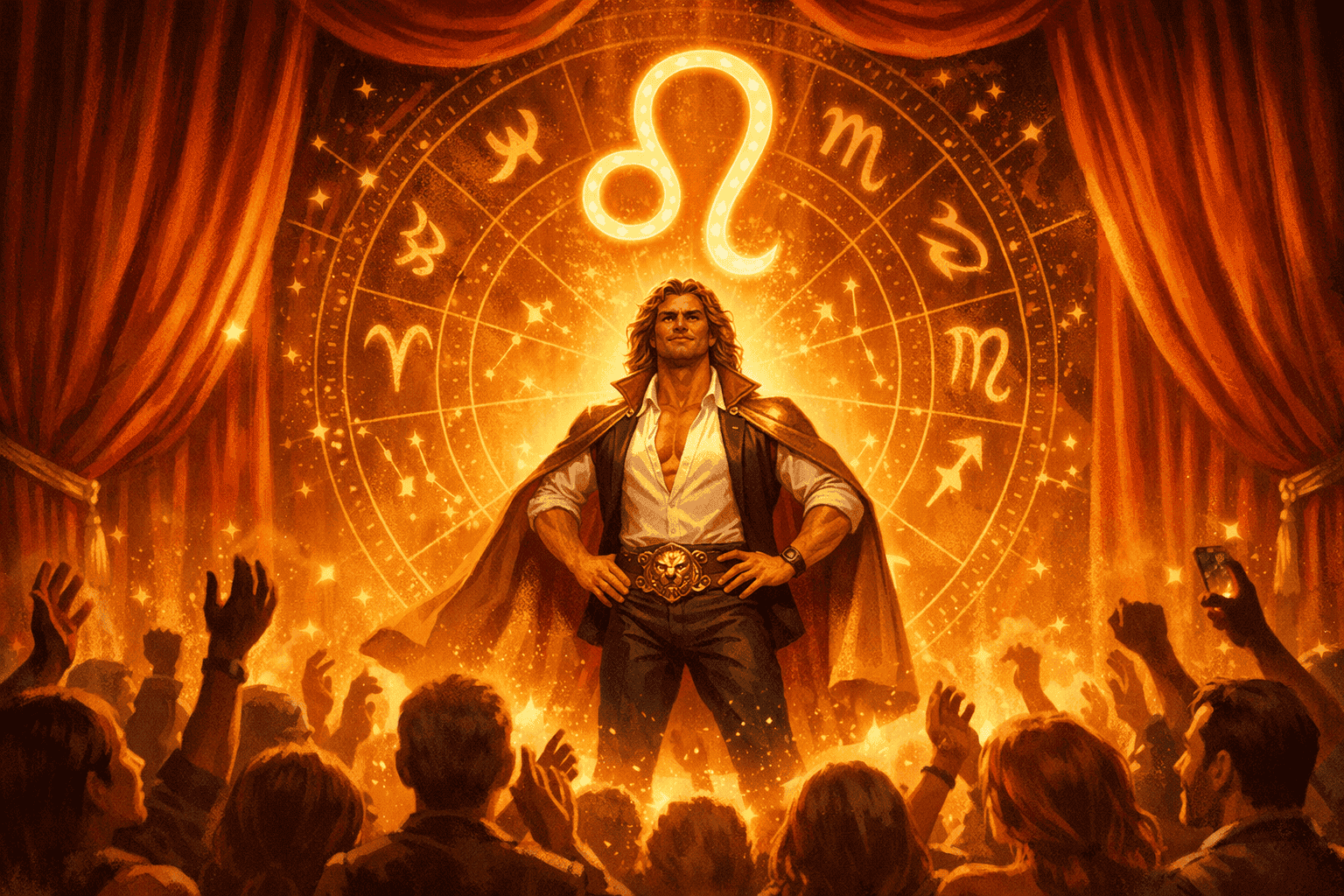() illustration showing a confident Leo figure standing at center stage under warm golden spotlight, surrounded by admiring