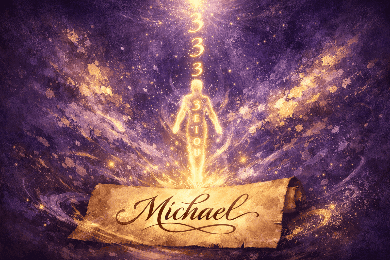 () illustration showing a human silhouette made of glowing vowel letters A-E-I-O-U floating upward from a name written in