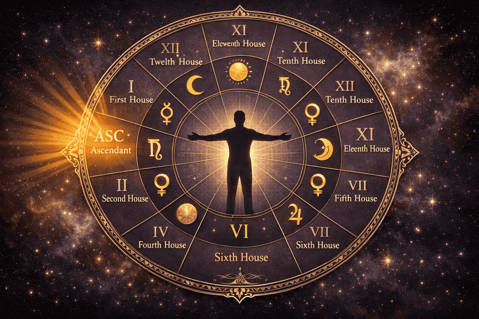 () illustration showing a single ornate natal birth chart wheel on a dark cosmic background — twelve houses labeled, planets