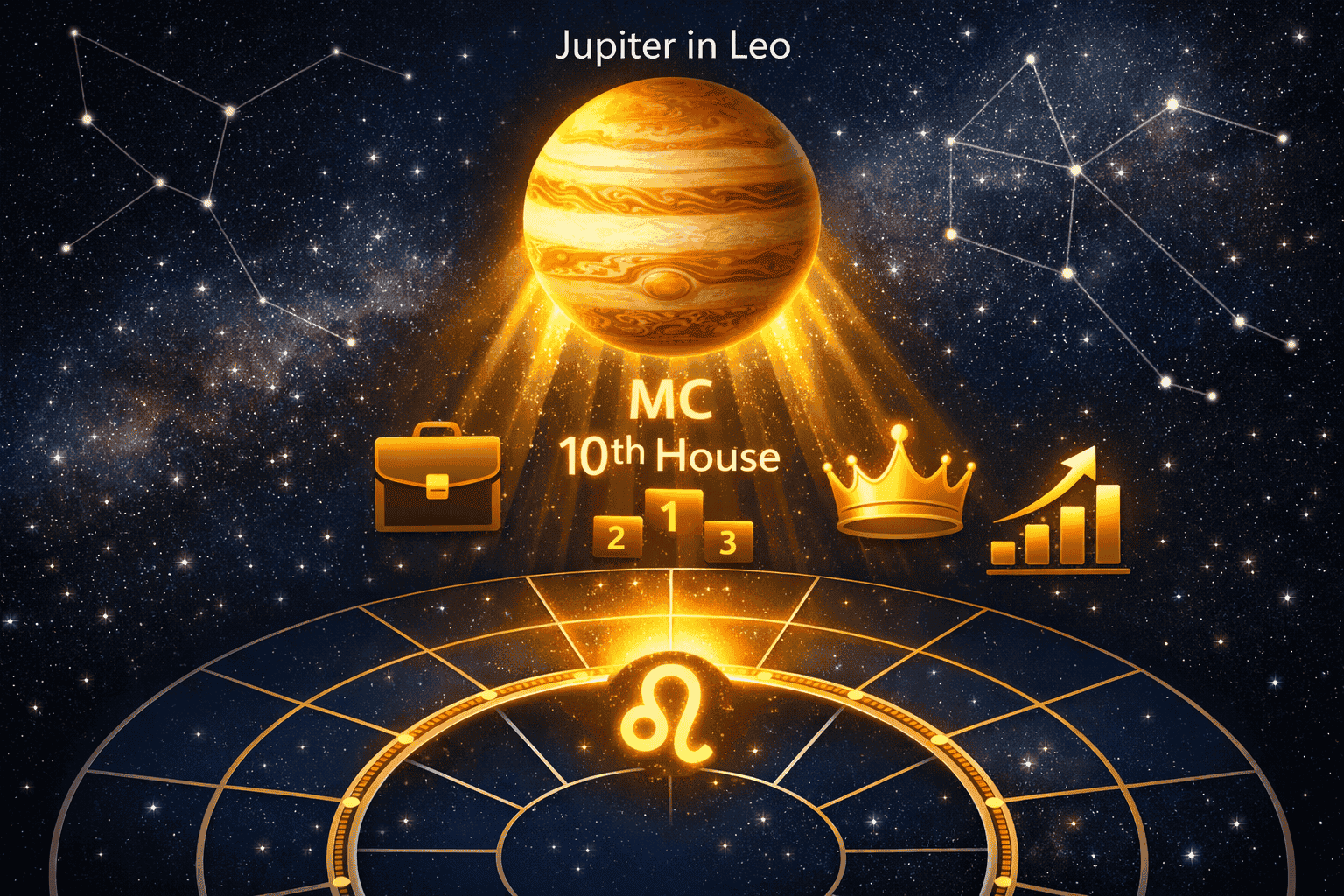() illustration showing the Midheaven point highlighted on a glowing natal chart wheel, with the 10th house cusp illuminated